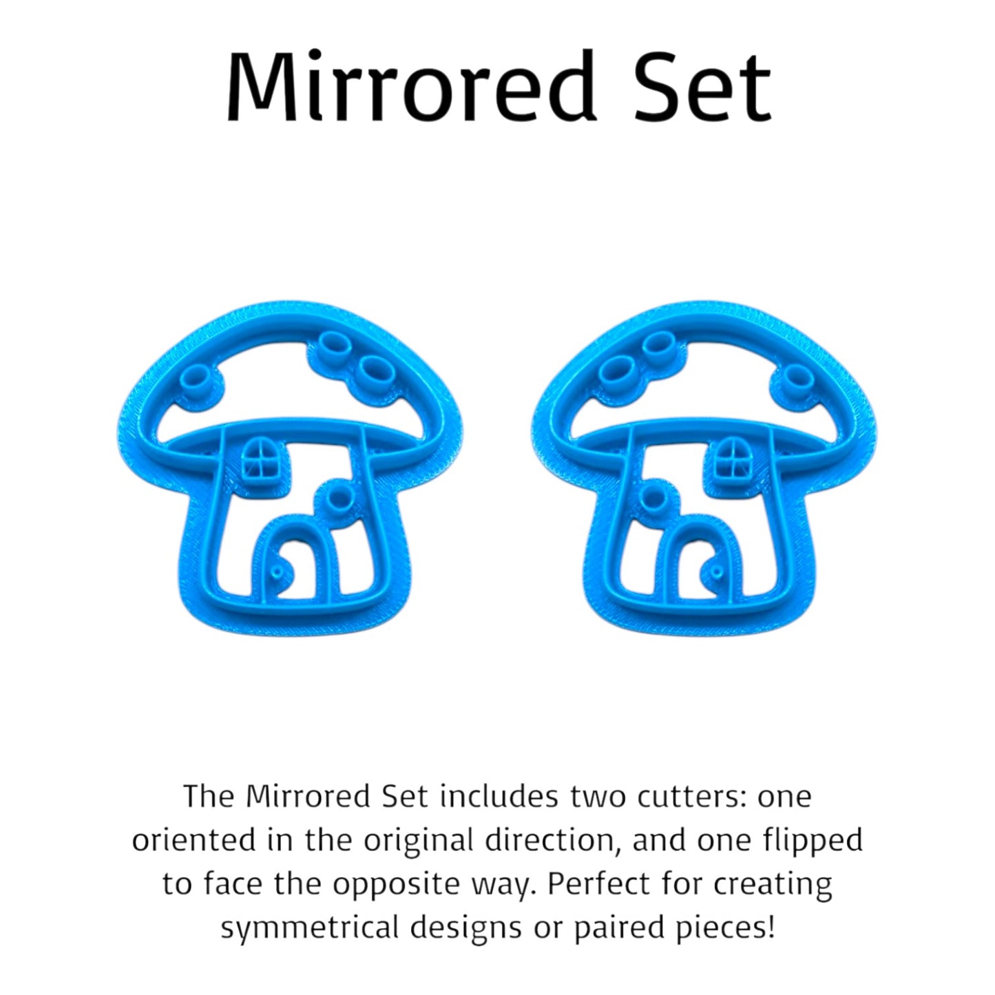 Two blue mushroom-shaped cookie cutters on a white background with text describing the mirrored set.