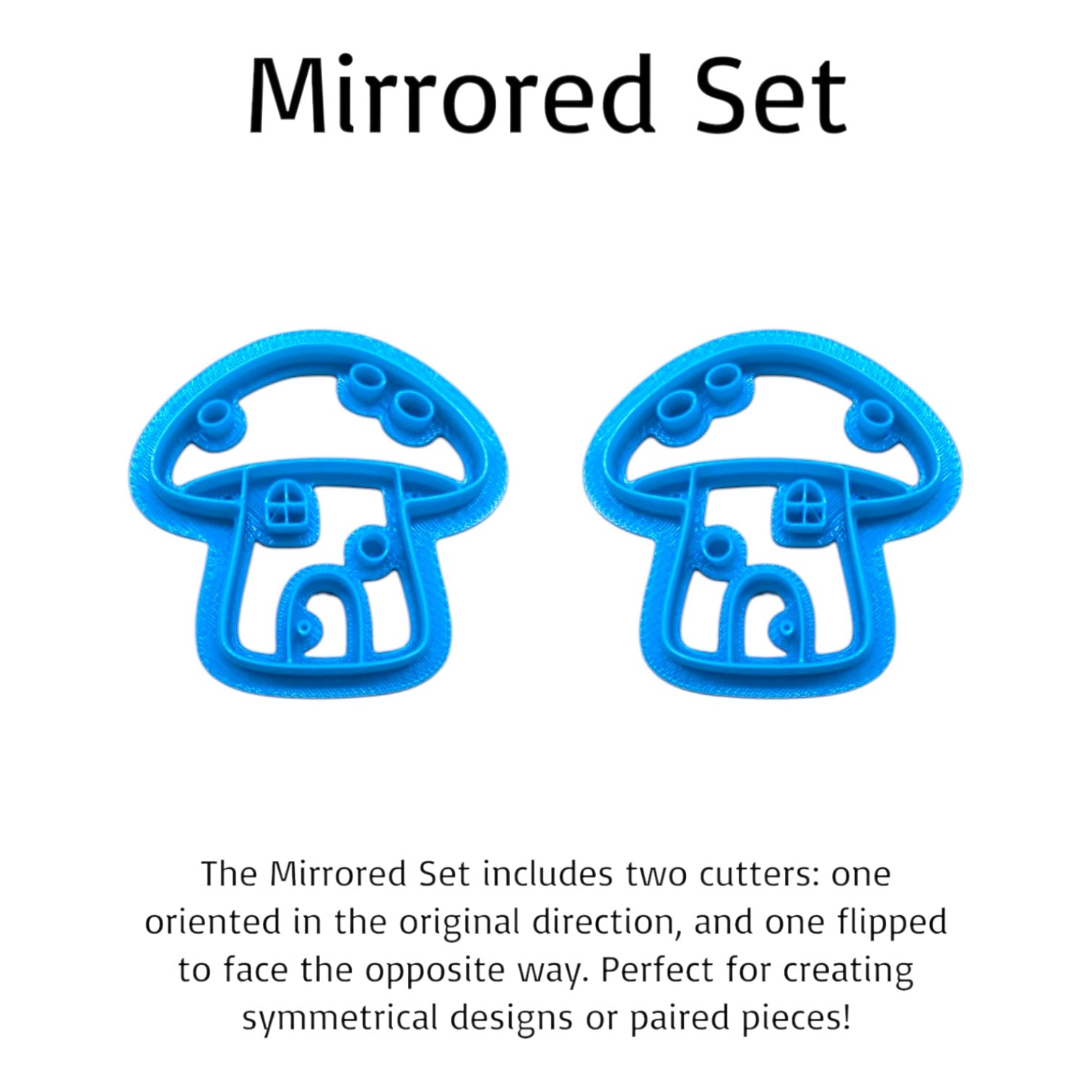 Two blue mushroom-shaped cookie cutters on a white background with text describing the mirrored set.