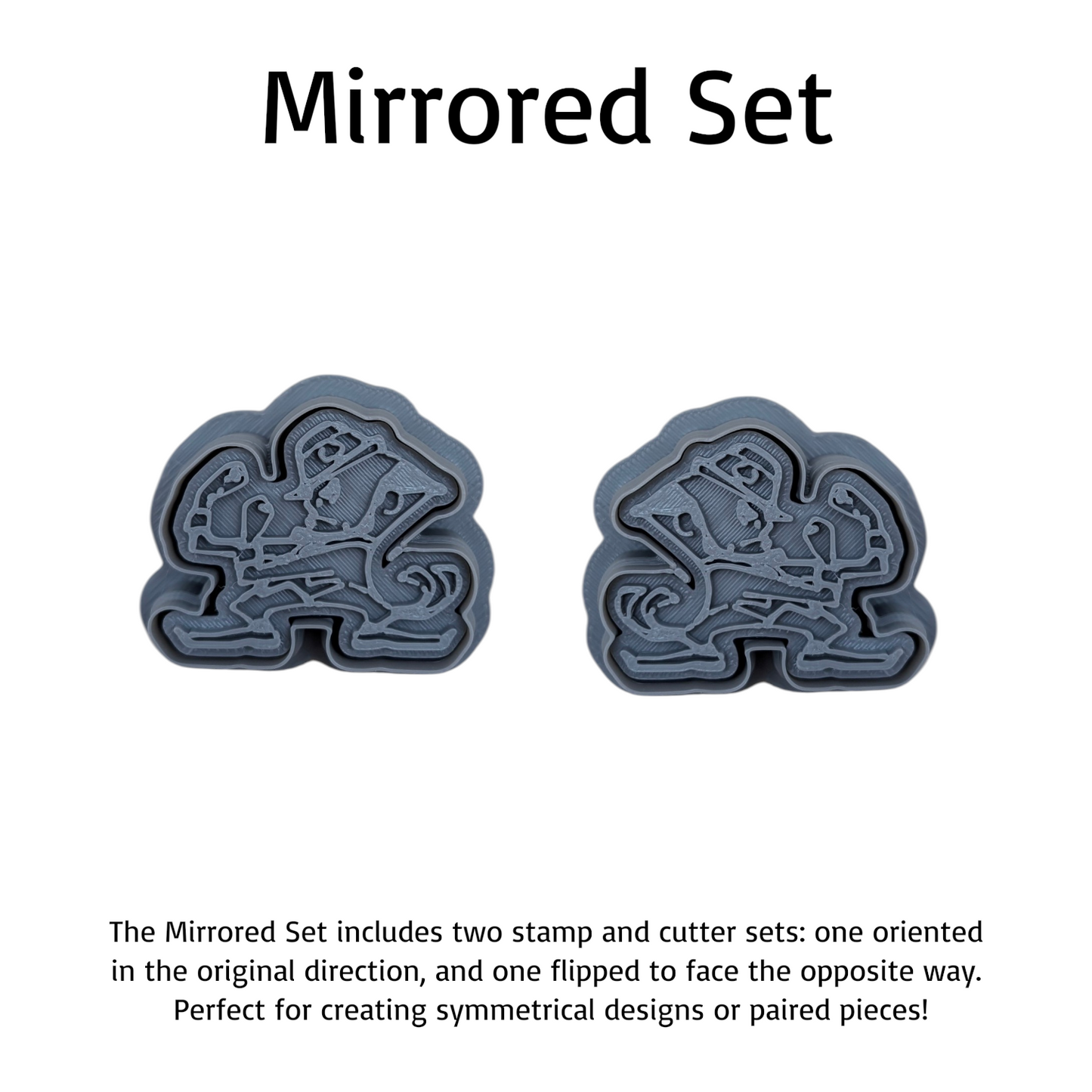 Mirrored Notre Dame Fighting Irish cookie stamp and cutter set – two 3D‑printed gray plastic tools facing opposite directions for symmetrical designs by Truley Unique.