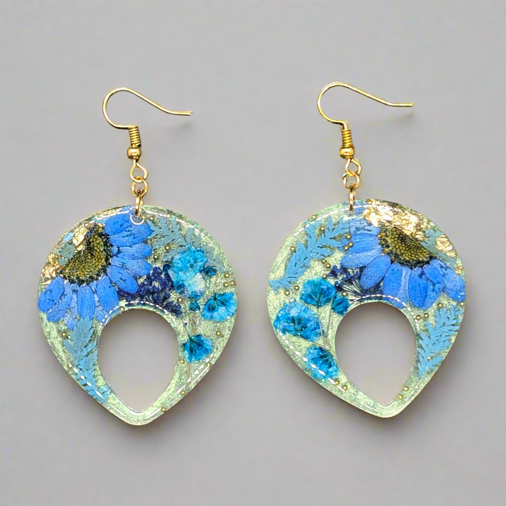 Teardrop Resin Earrings with Real Flowers - Blue Floral Design