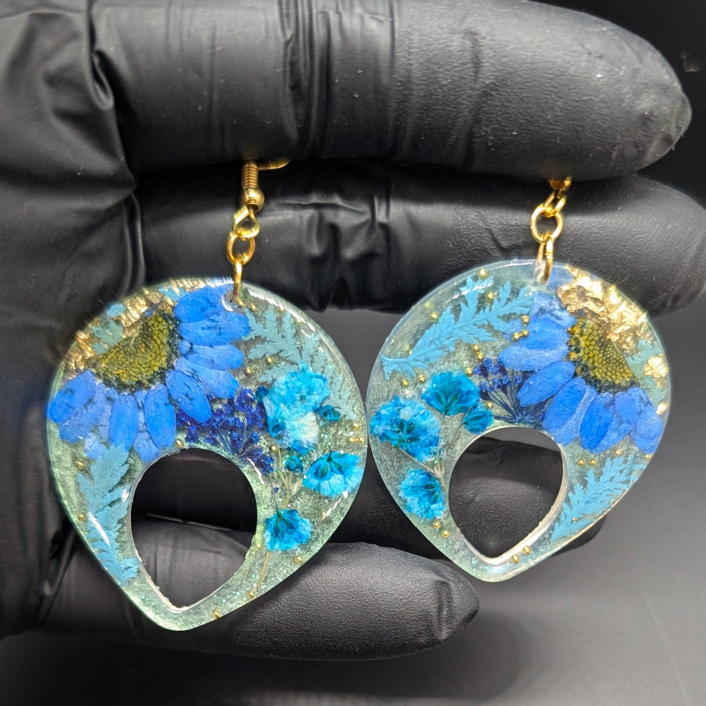 Teardrop Resin Earrings with Real Flowers - Blue Floral Design
