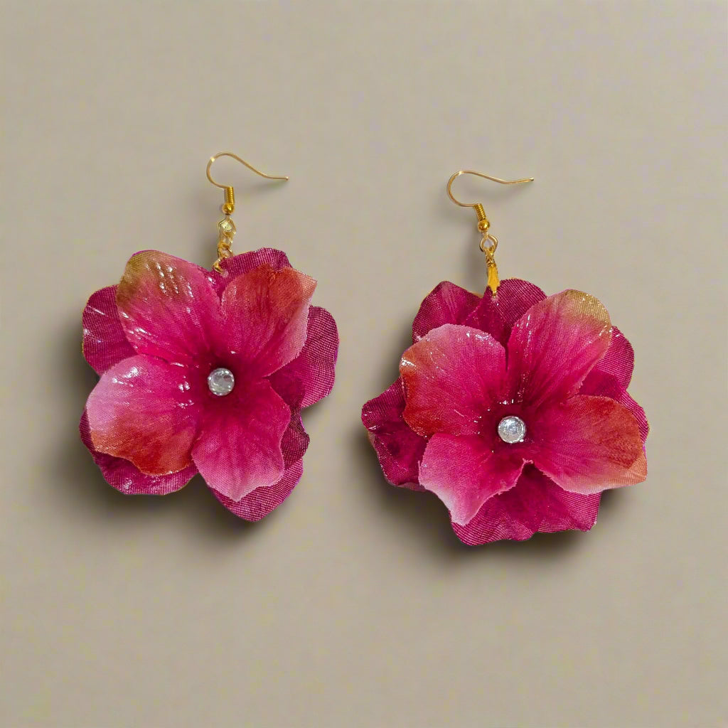 Handmade Pink Resin Flower Earrings with Jewel Center – 2.25 Inch Floral Dangle Jewelry