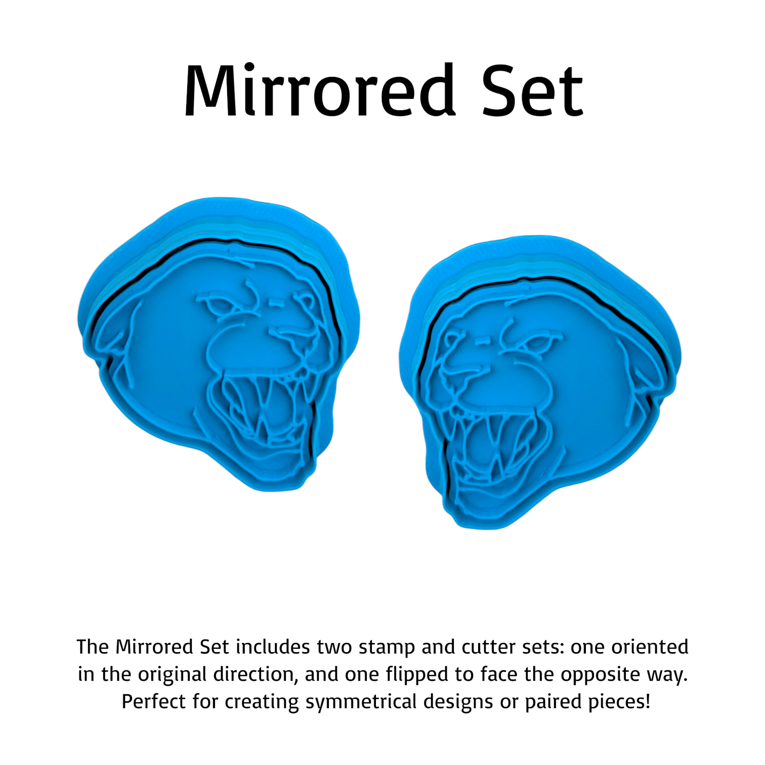 A blue mirrored set of two stamped and cutter pieces shown on a white background with the text 'Mirrored Set' and a descriptive note below.