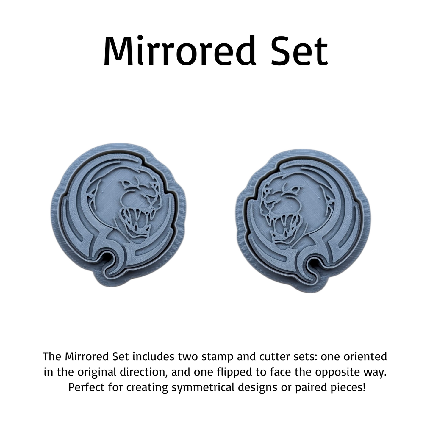 Mirrored set of two round stamp and cutter sets with a panther head design, shown on a white background with descriptive text above and below.