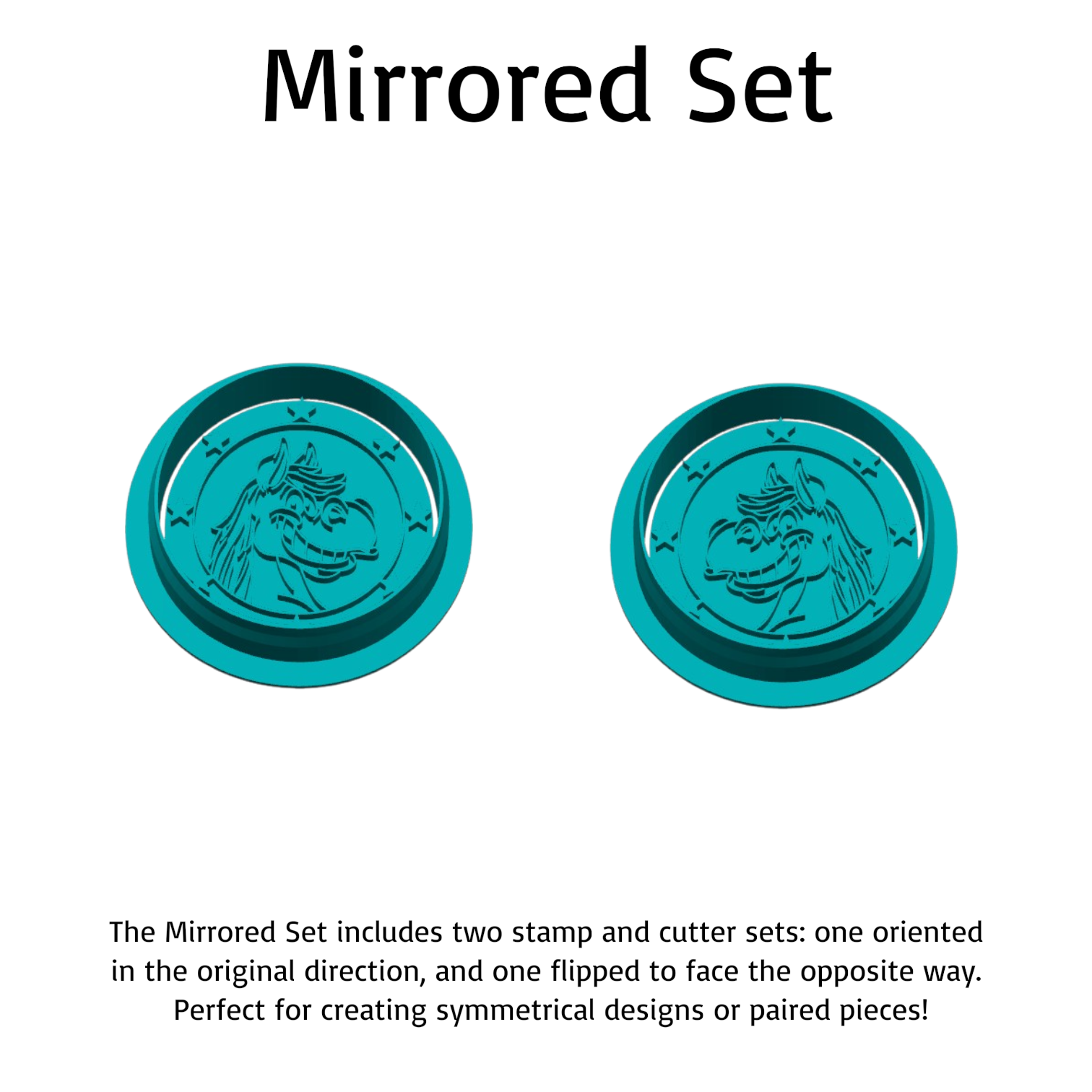 Mirrored Patriot Horse Cookie Cutter Set – Two teal stamp and cutter sets facing opposite directions for symmetrical baking or crafting designs