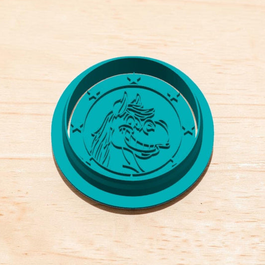 Patriot Horse Cookie Cutter and Embosser – Circular teal stamp featuring smiling horse design for fondant, clay, and pottery crafts