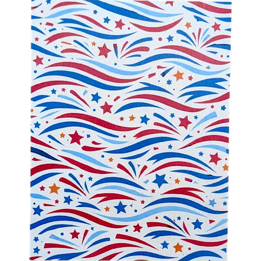 Pattern with red, blue, and white wavy lines and stars on a white background