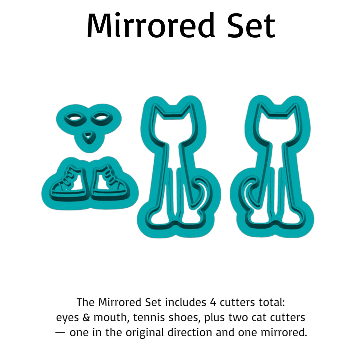Mirrored Pete the Cat cookie cutter set with two opposite-facing cat cutters, face details and tennis shoes for polymer clay earrings and cookies