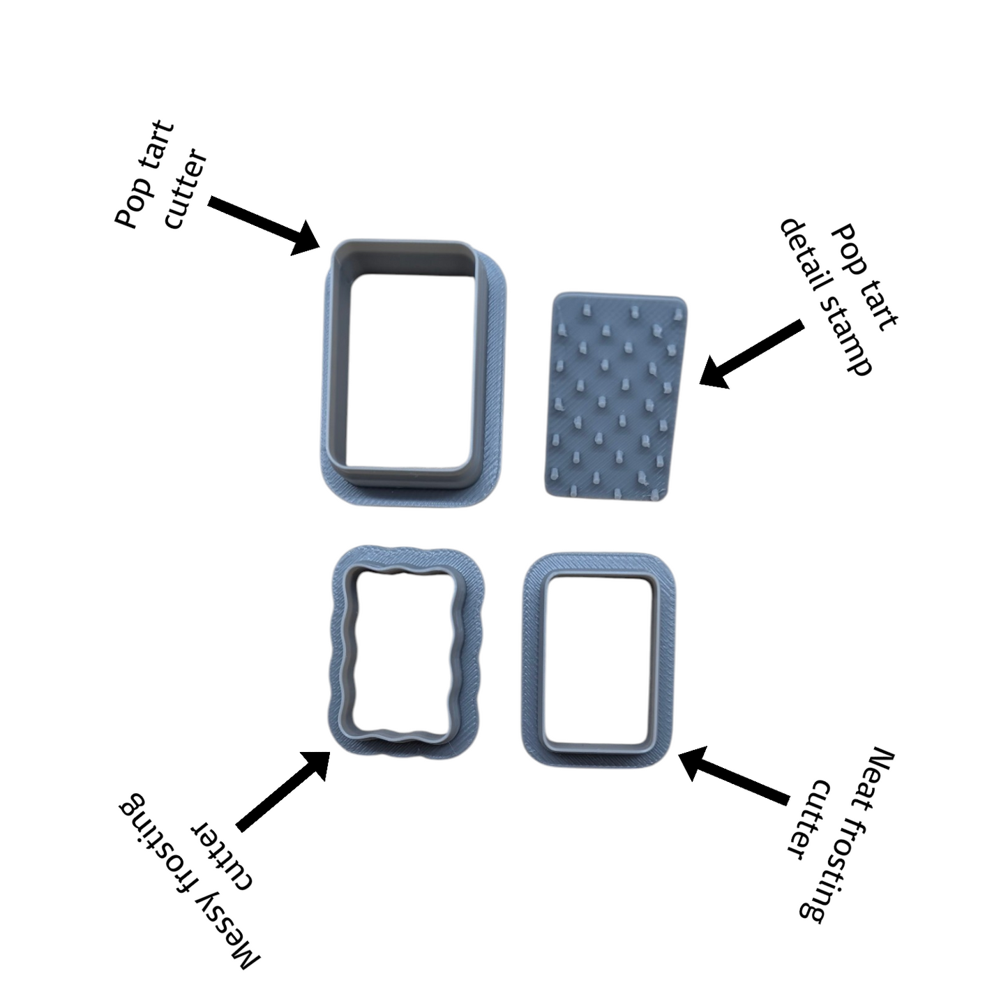 Four blue-gray frostings and pop-tart cutters arranged on a white background with black arrows and labels naming each piece.