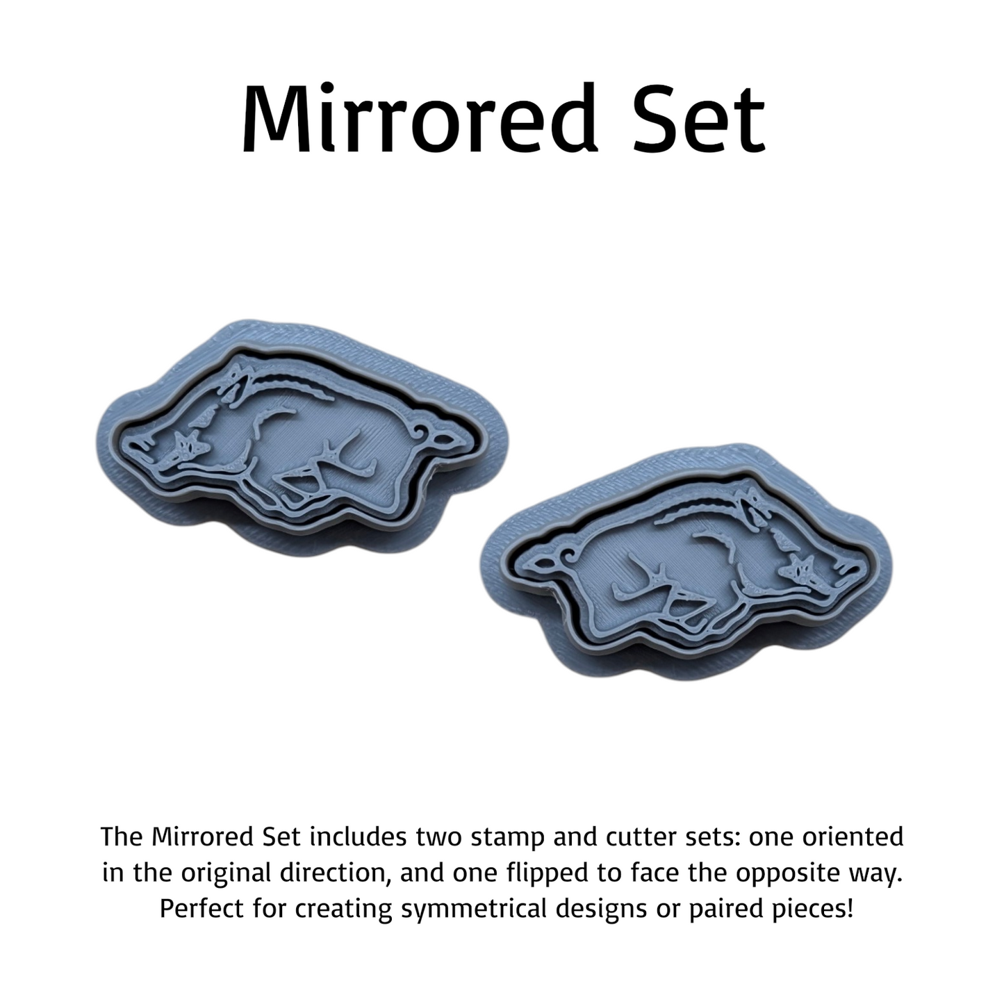 Mirrored 3D printed gray razorback cookie cutter and stamp set pair on white background, ideal for symmetrical cookie, fondant, polymer clay, and pottery designs