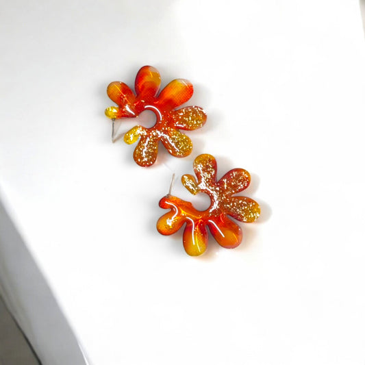 Red, Yellow, White & Gold, Tortoise Shell, Flower Hoop Earrings - Handmade with Resin and Gold Foil Detail