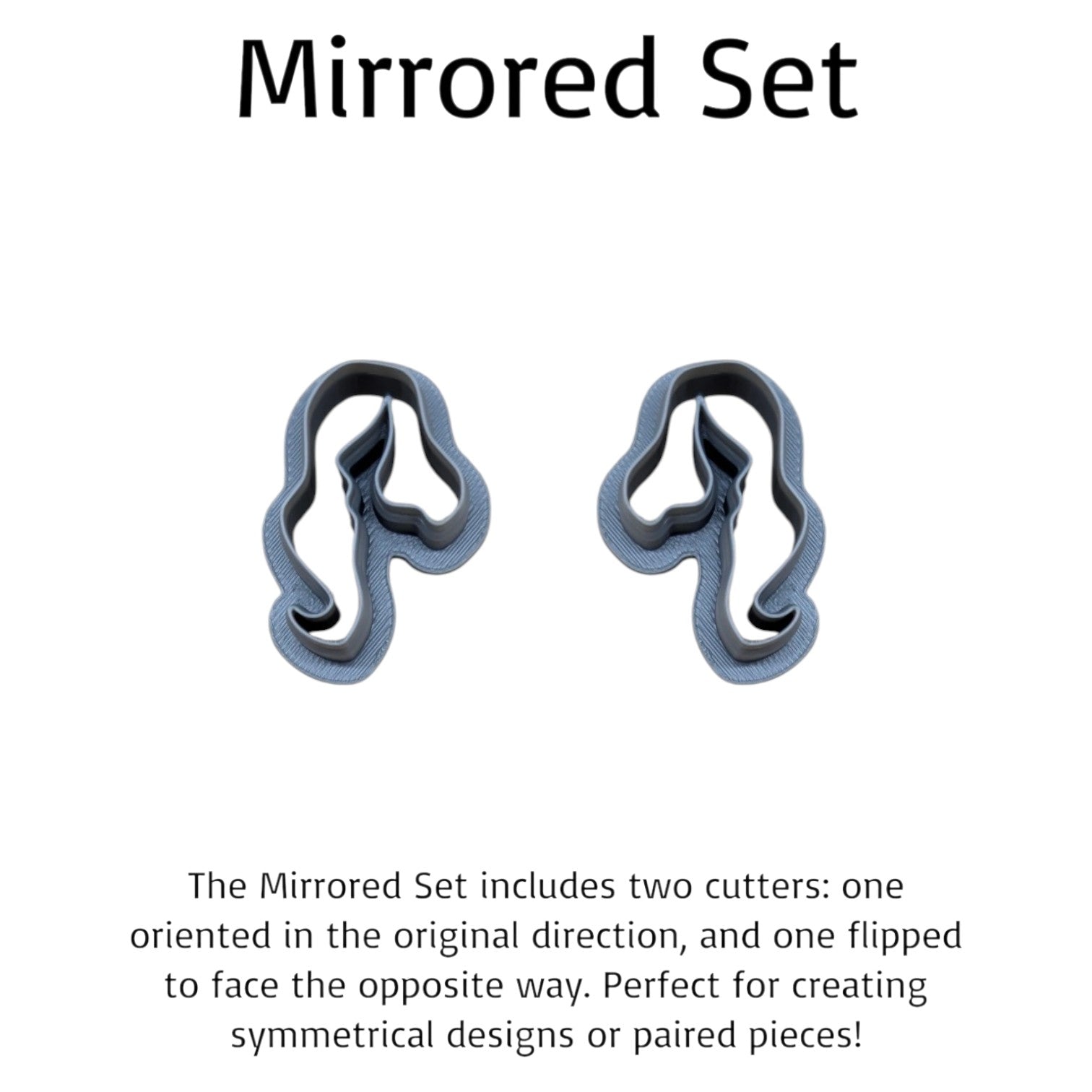 Mirrored hair‑silhouette cookie cutter set — two 3D‑printed cutters facing opposite directions for symmetrical polymer clay, fondant, or cookie designs.