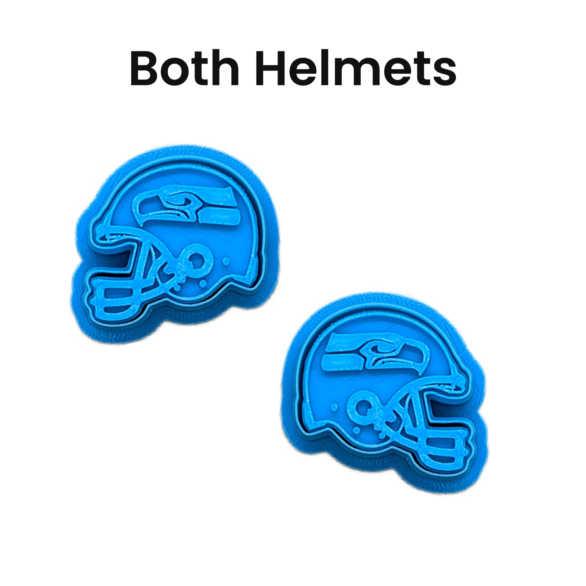 Blue Seattle Seahawks football helmet cookie cutter with embossed stamp detail, displayed on a wooden background, 3D printed plastic cutter for cookies, fondant, and polymer clay crafts.