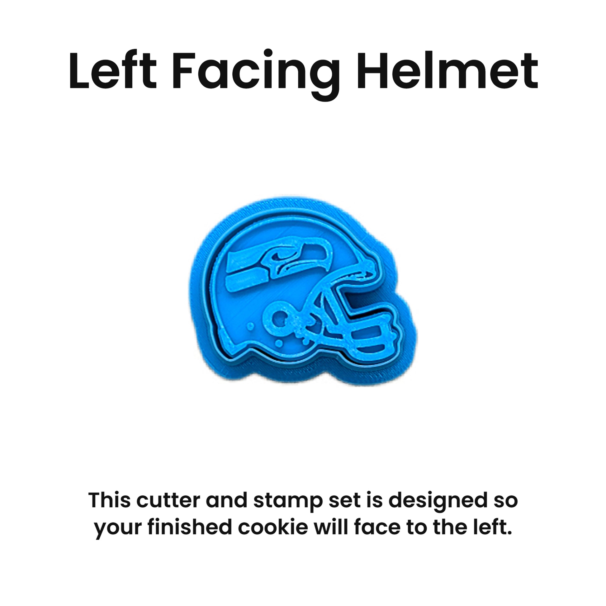 Seattle Seahawks football helmet cookie cutter with embossed detail, displayed on a wooden background, 3D printed plastic baking and clay tool for cookies, fondant, and polymer clay crafts.