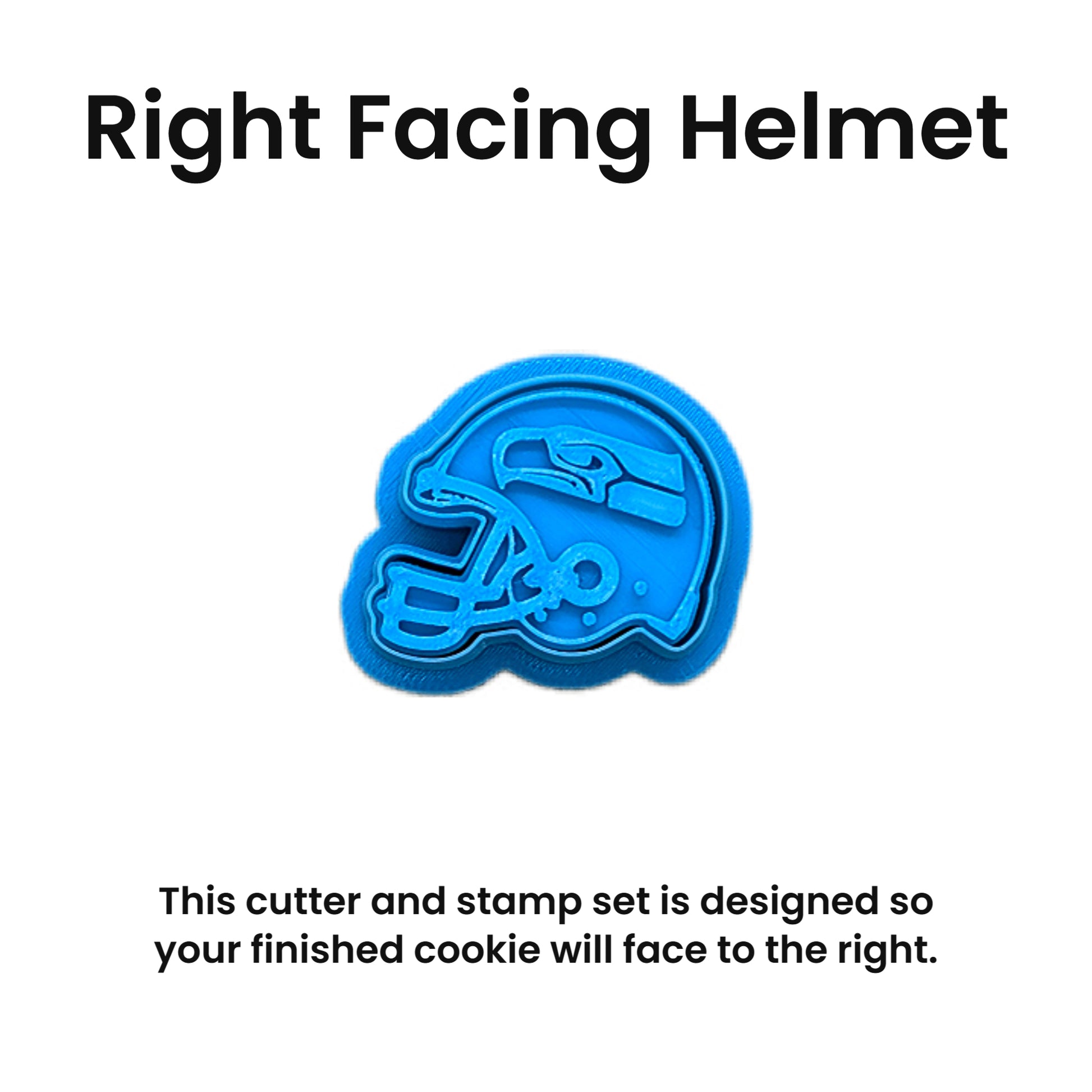 Seattle Seahawks football helmet cookie cutter with embossed detail, displayed on a wooden background, 3D printed plastic baking and clay tool for cookies, fondant, and polymer clay crafts.