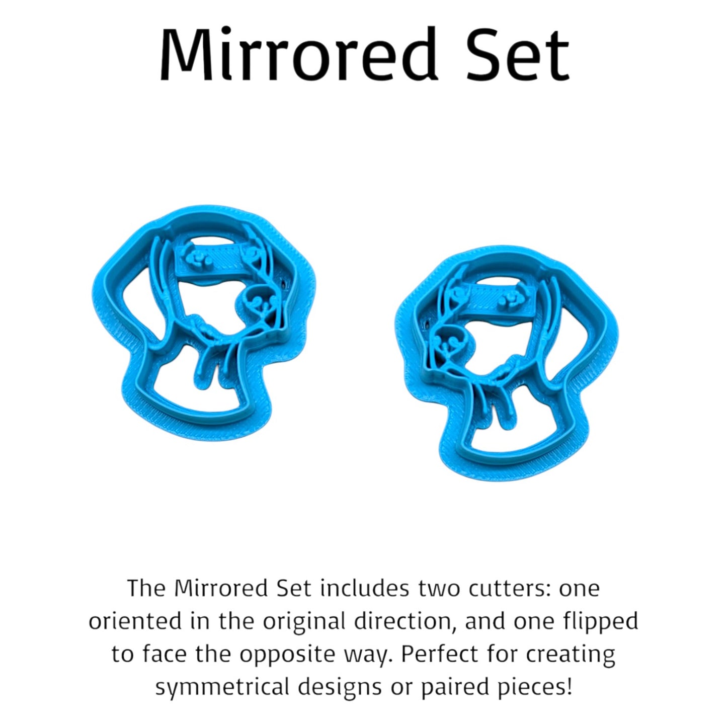 Two blue cookie cutters shaped like German shorthaired pointer dog, one mirrored set on a white background.