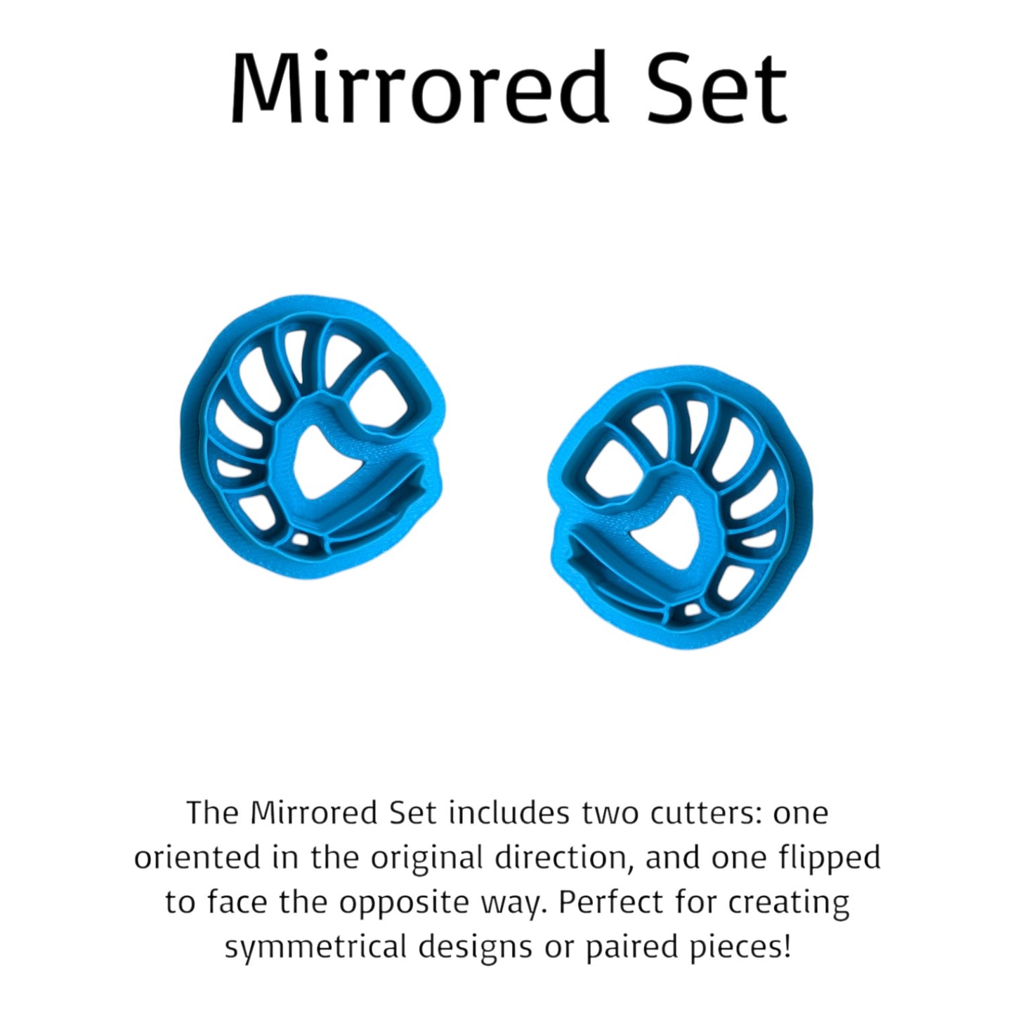 Two blue mirrored shrimp cutters on a white background with text describing their use.