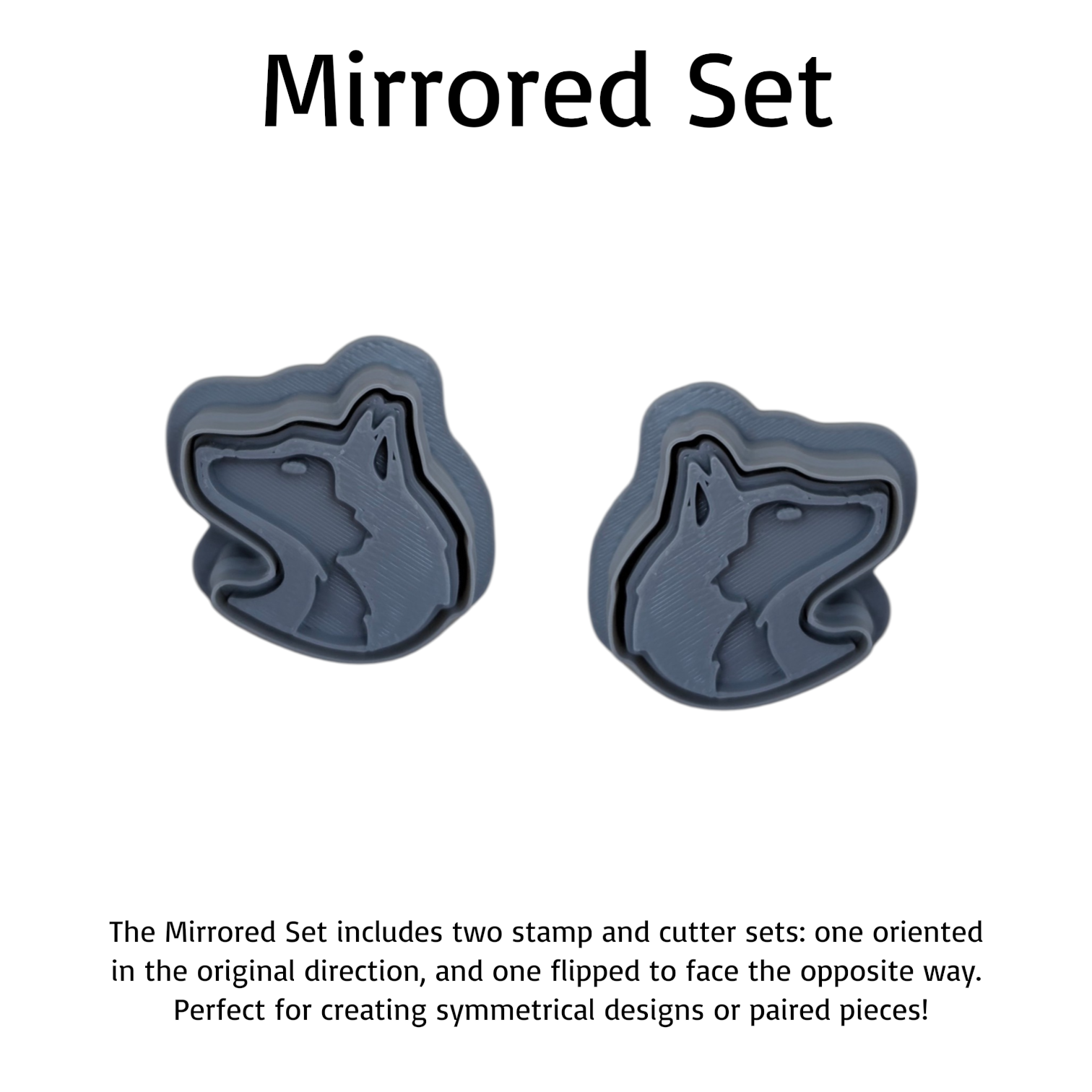 Mirrored Siberian Husky cookie cutter and stamp set facing opposite directions — dual 3D printed design for symmetrical or paired clay and cookie projects.