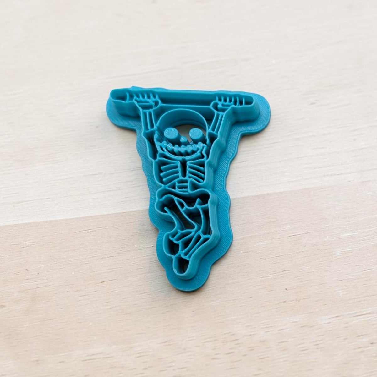 Skeleton Acrobat cookie cutter for ceramics, pottery, polymer clay, and fondant – blue 3D printed multi‑medium craft tool by Truley Unique.