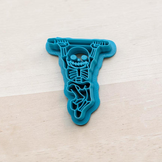 Skeleton Acrobat cookie cutter for ceramics, pottery, polymer clay, and fondant – blue 3D printed multi‑medium craft tool by Truley Unique.