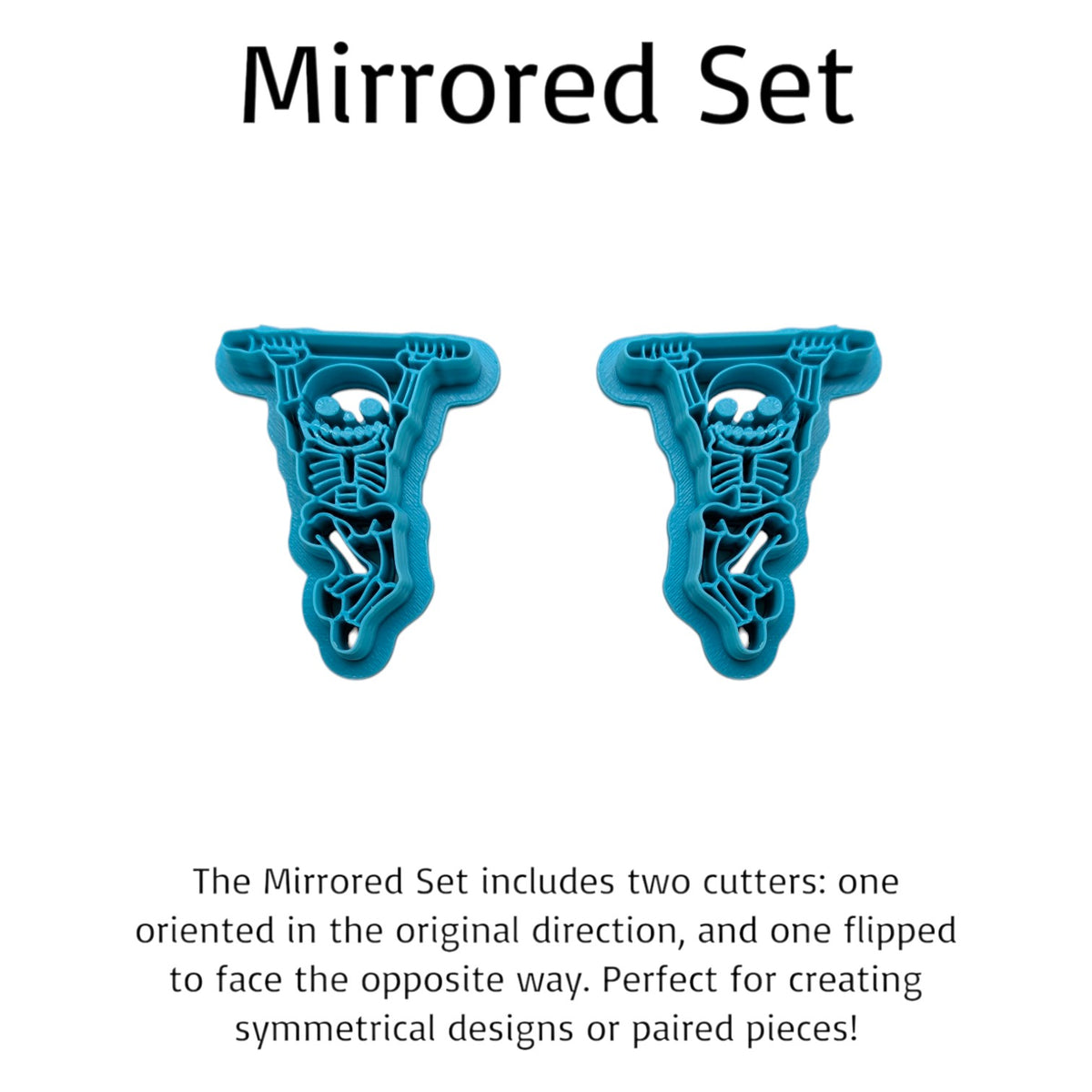 Mirrored Skeleton Acrobat cookie cutter set – two blue cutters facing opposite directions for symmetrical clay or fondant designs.