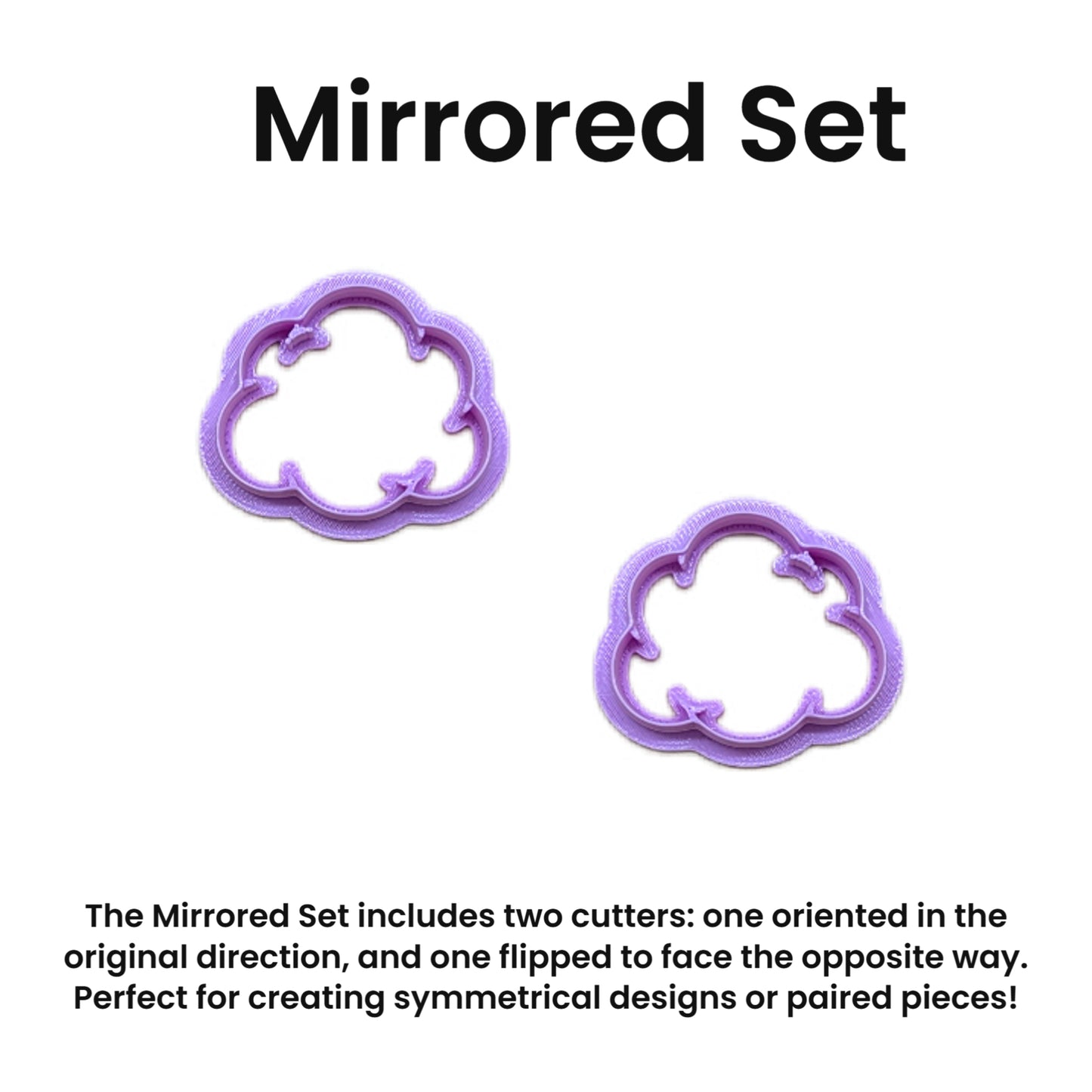 Two purple cookie cutters with cloud design on a white background, labeled 'Mirrored Set'.
