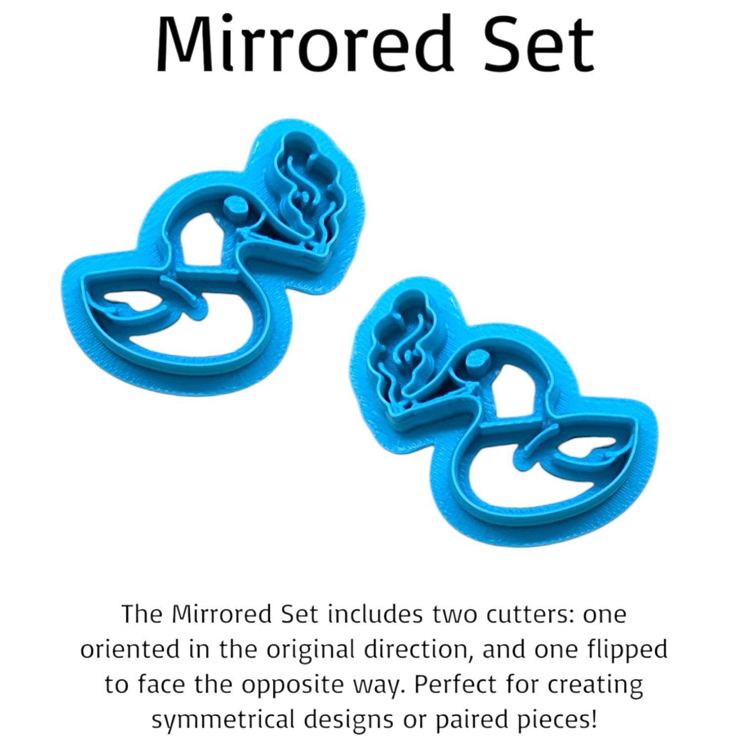 Two blue smoking duck cookie cutters with mirrored design on a white background