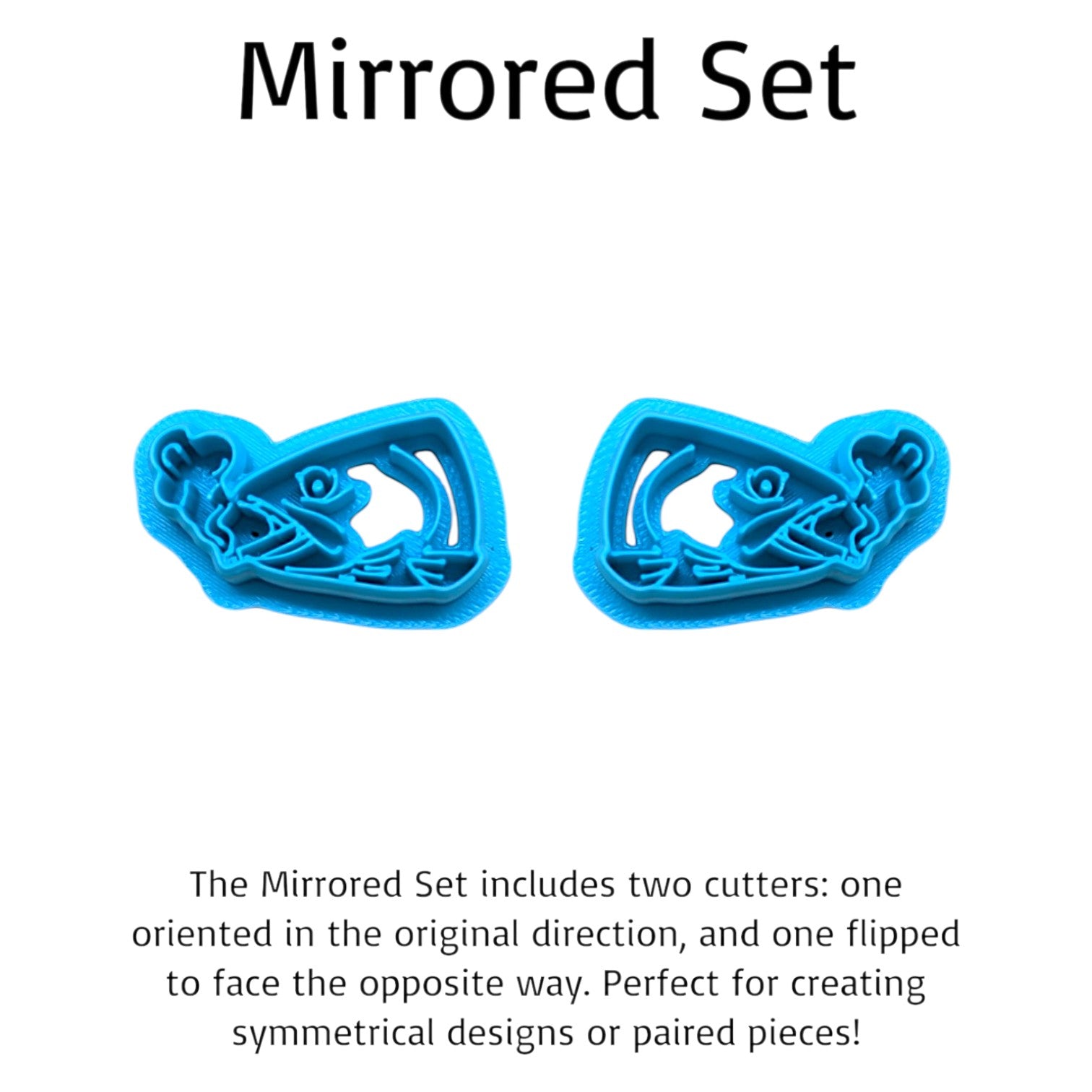 Two blue fish-shaped cookie cutters on a white background with text describing the mirrored set.