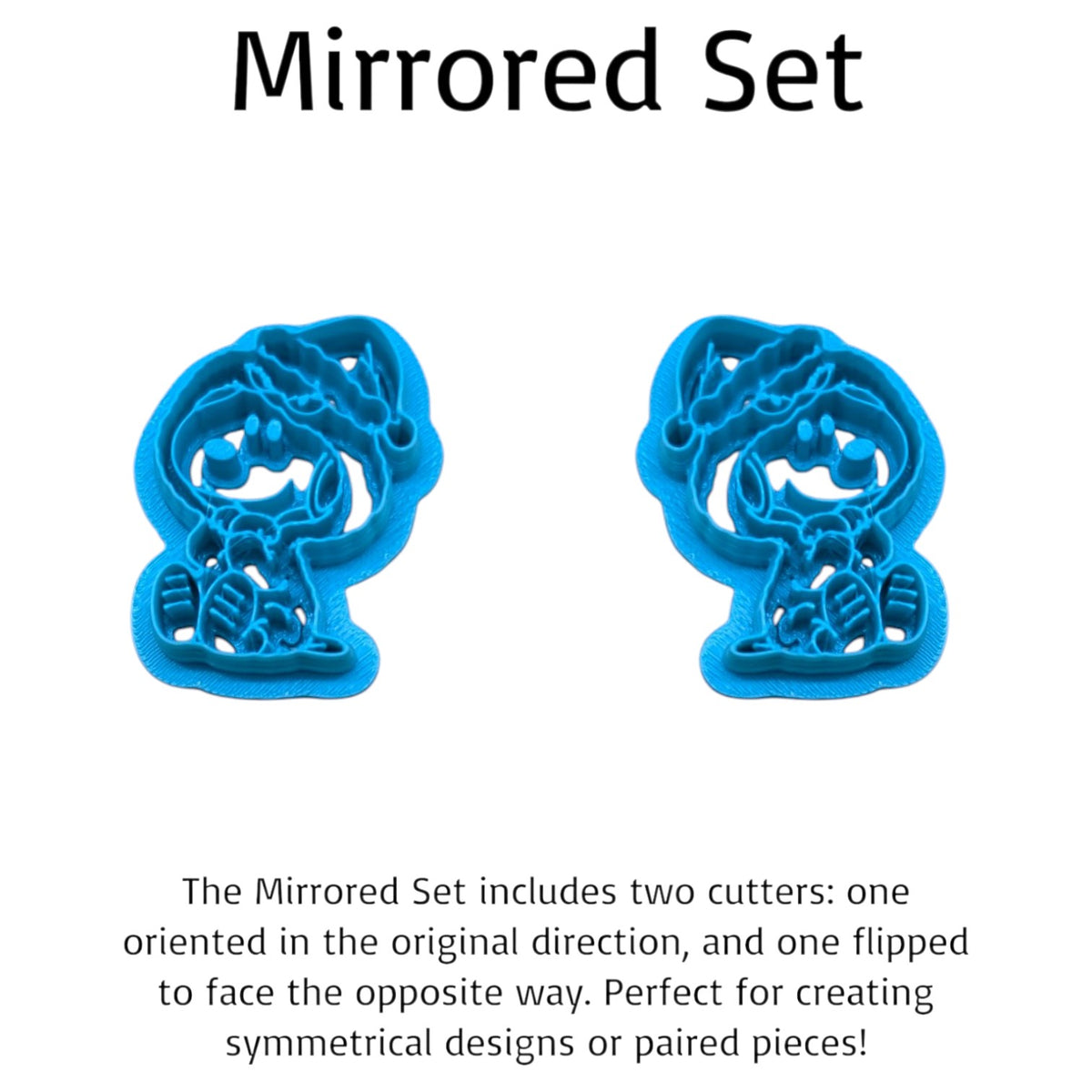 Mirrored Snoopy in Grinch Costume Cookie Cutter Set featuring two blue 3D-printed cutters facing opposite directions. Perfect for Christmas cookies, polymer clay earrings, fondant, pottery, ceramics, and matching holiday crafts.