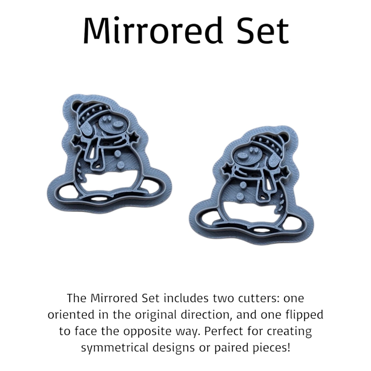 Mirrored set of two Snoopy snowman cookie cutters shown on a white background with descriptive text. The set includes one cutter oriented normally and one flipped to face the opposite way, both in a dark gray metal finish.