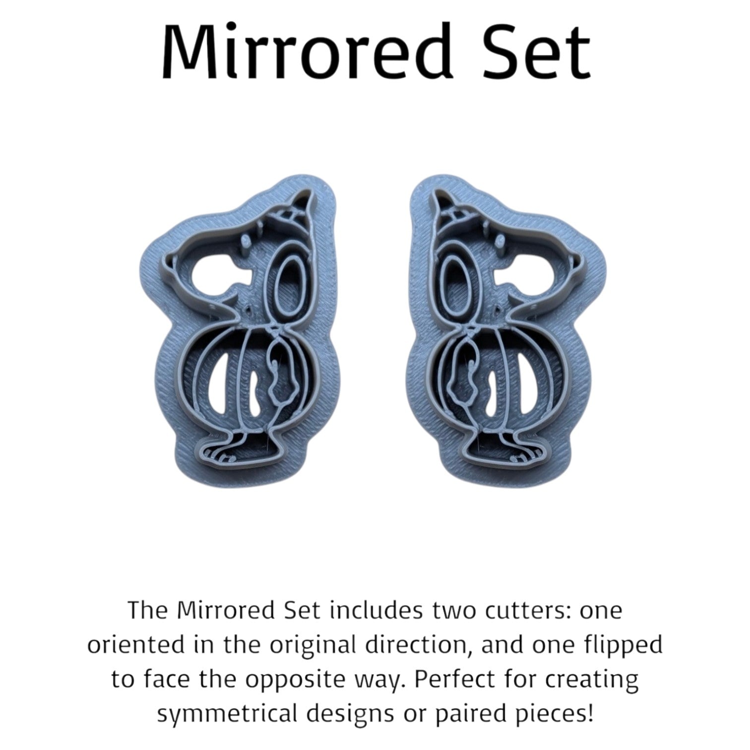 Mirrored Snoopy pumpkin cutter set – two 3D printed cutters facing opposite directions for symmetrical clay or fondant designs.