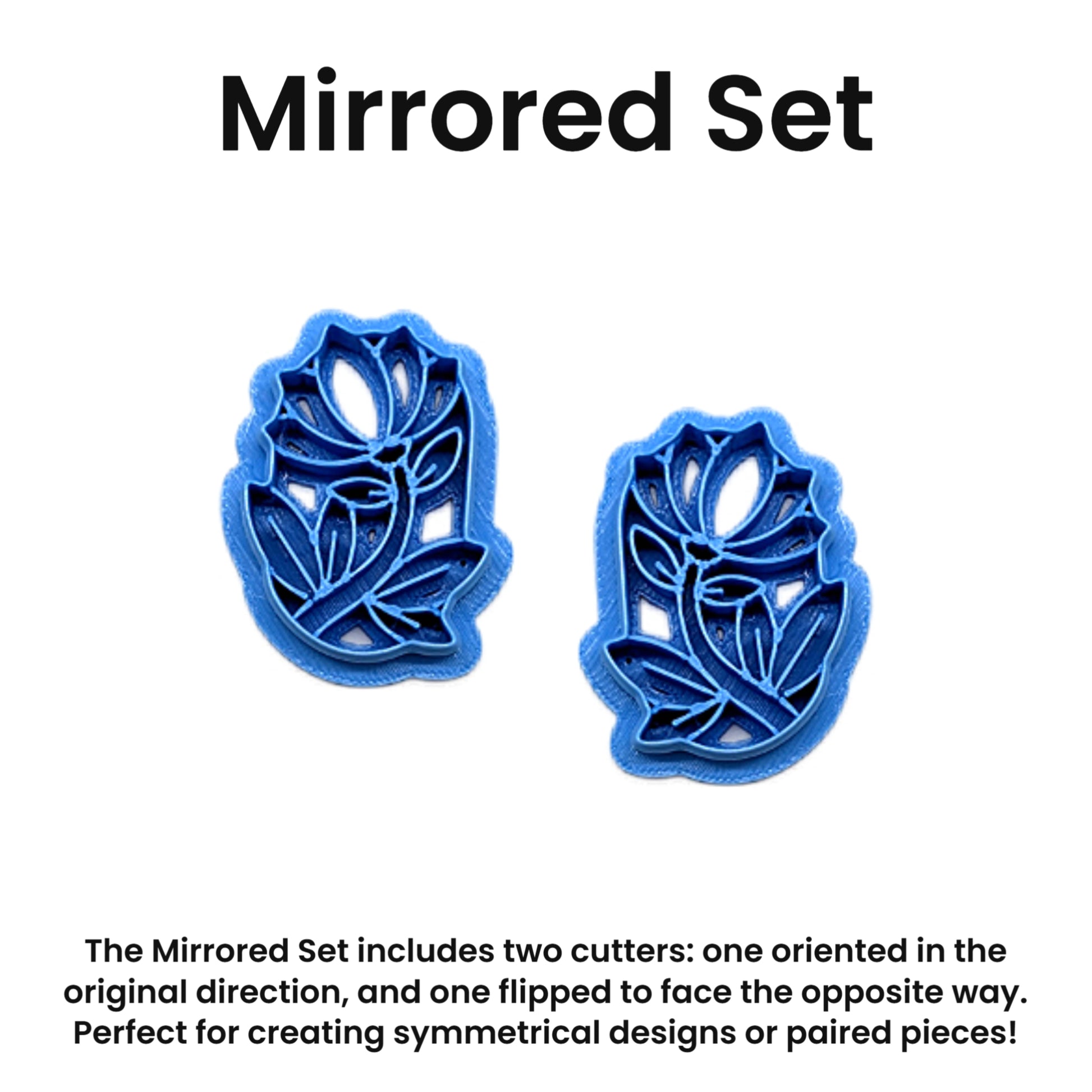 Two blue floral cookie cutters with text describing a mirrored set on a white background.
