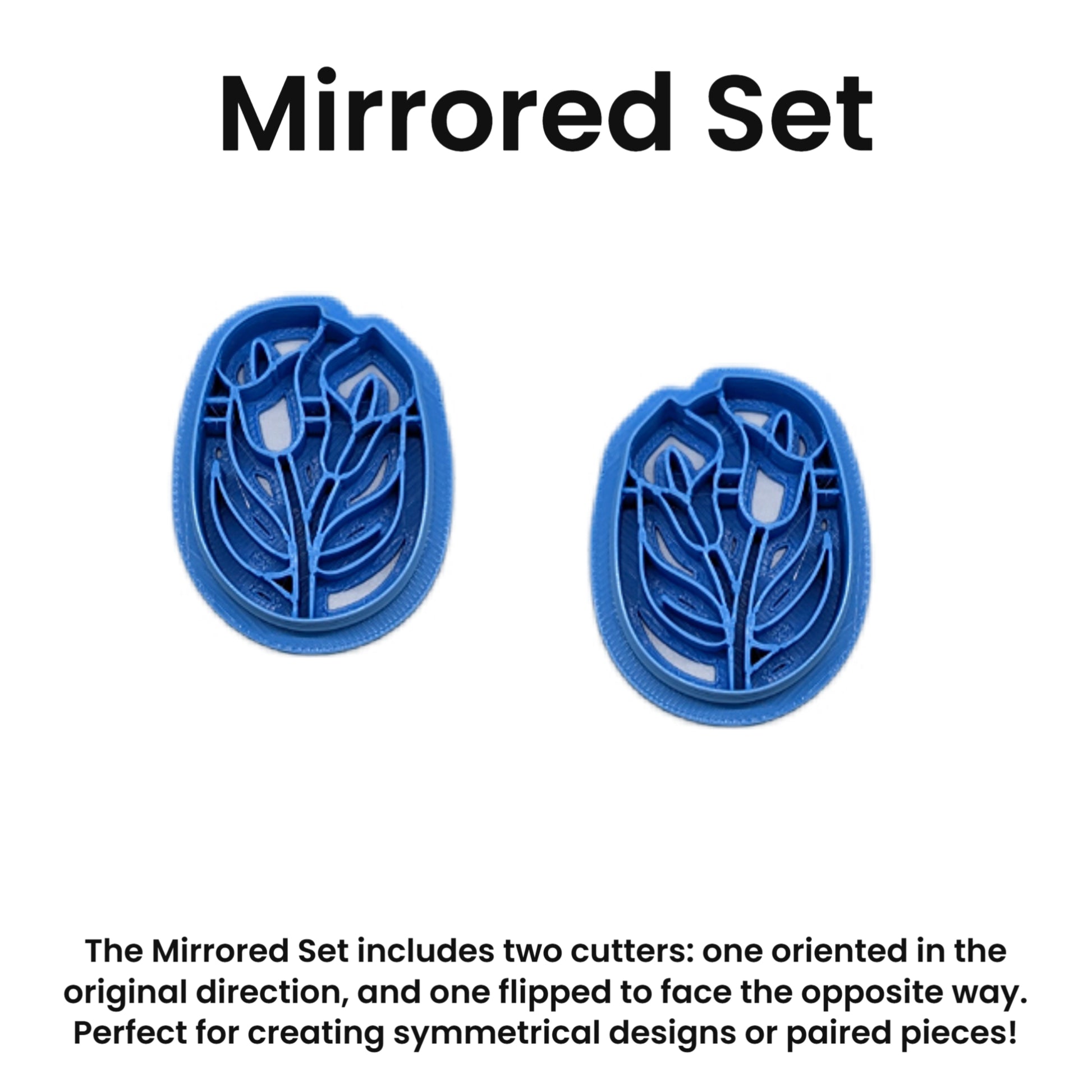 Two blue floral cookie cutters with text describing a mirrored set on a white background.