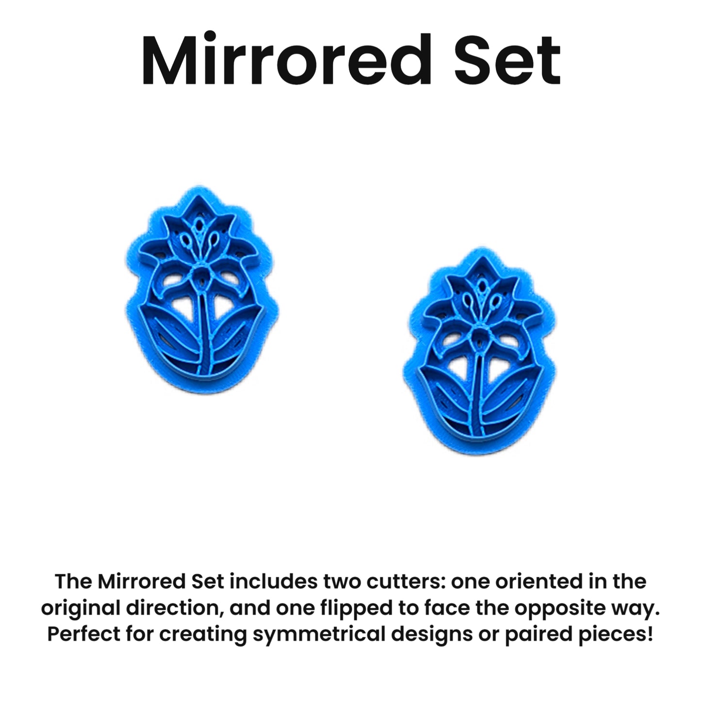 Two blue floral cookie cutters with text explaining their mirrored design on a white background.