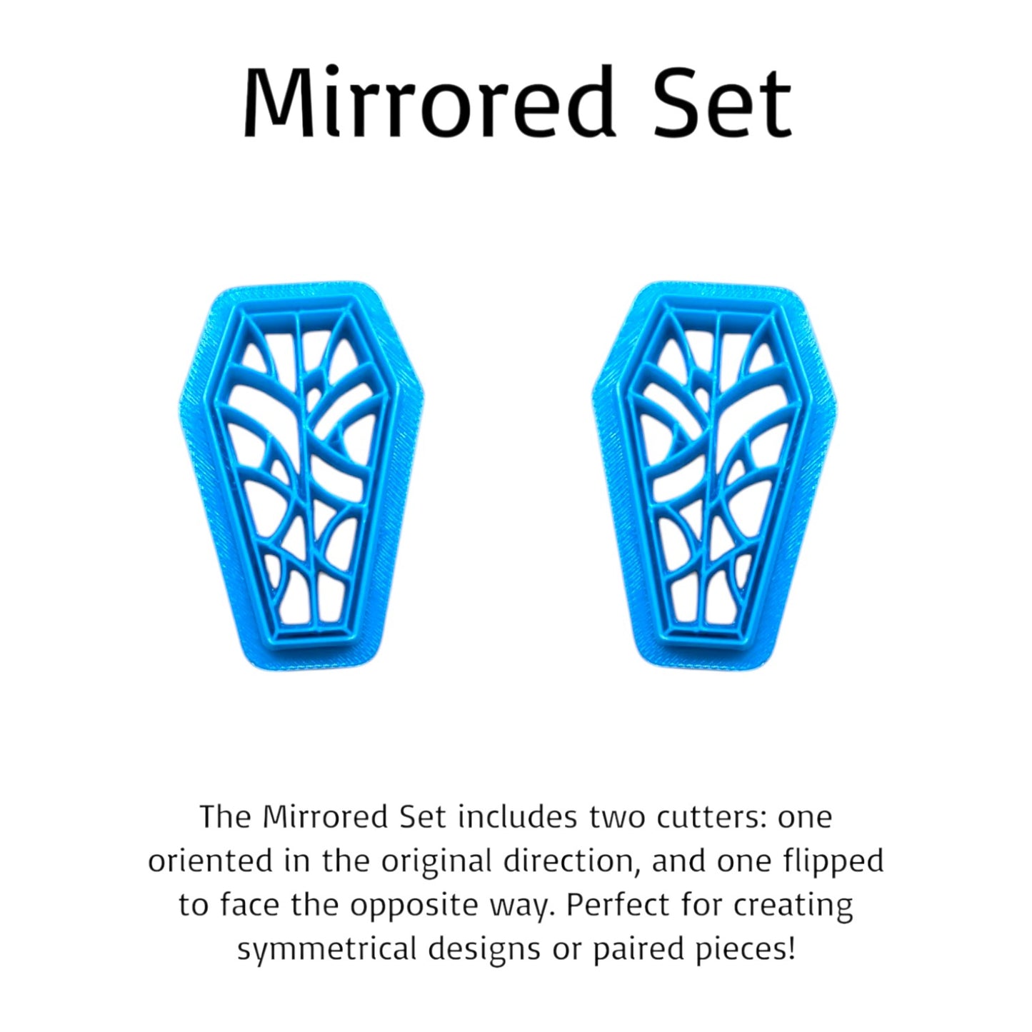 Two blue mirrored cookie cutters on a white background with text describing their use.
