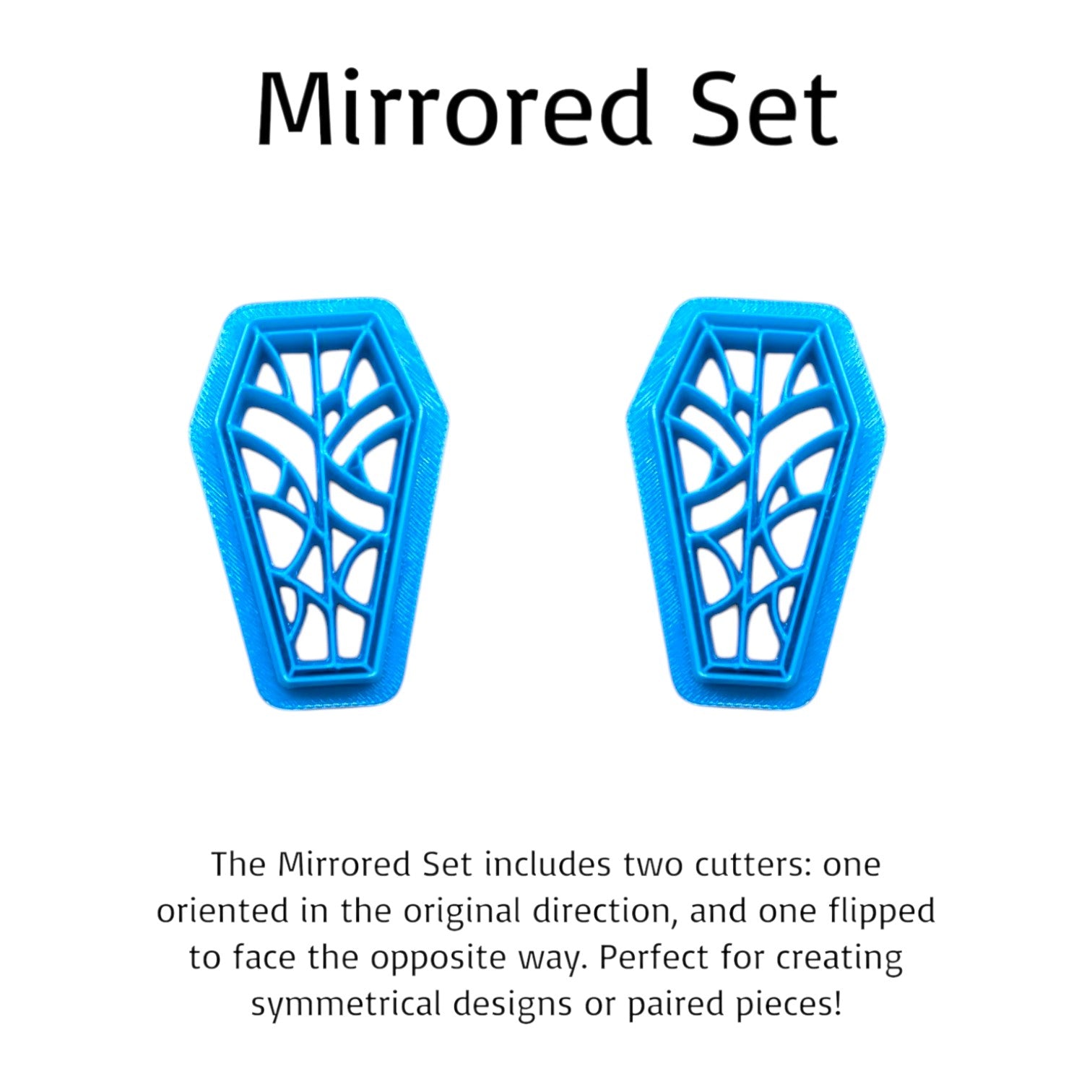Two blue mirrored cookie cutters on a white background with text describing their use.