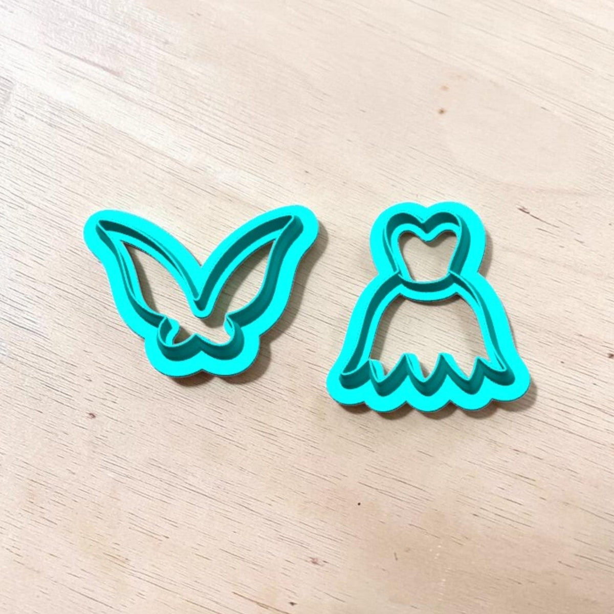 Tinkerbell fairy dress and wings layered cookie cutter set in turquoise PLA for cookies, polymer clay earrings, fondant, pottery and ceramic crafts