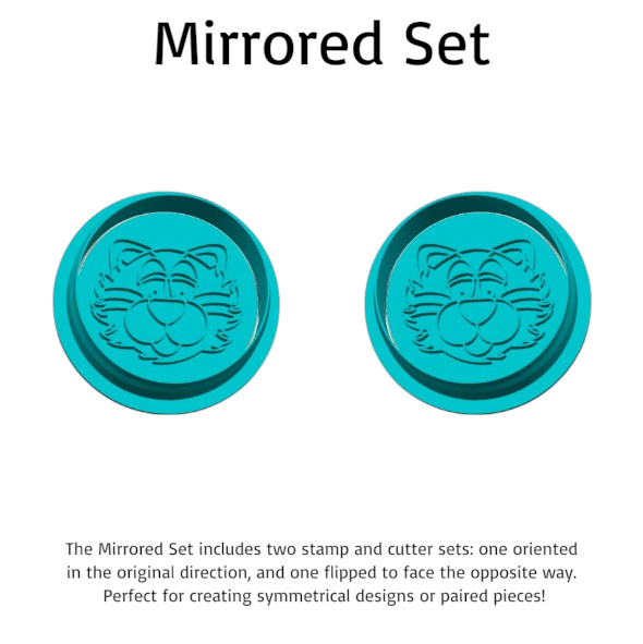 Mirrored set of two turquoise plastic stamp and cutter sets, each featuring an embossed cat face design, shown on a white background with descriptive text.