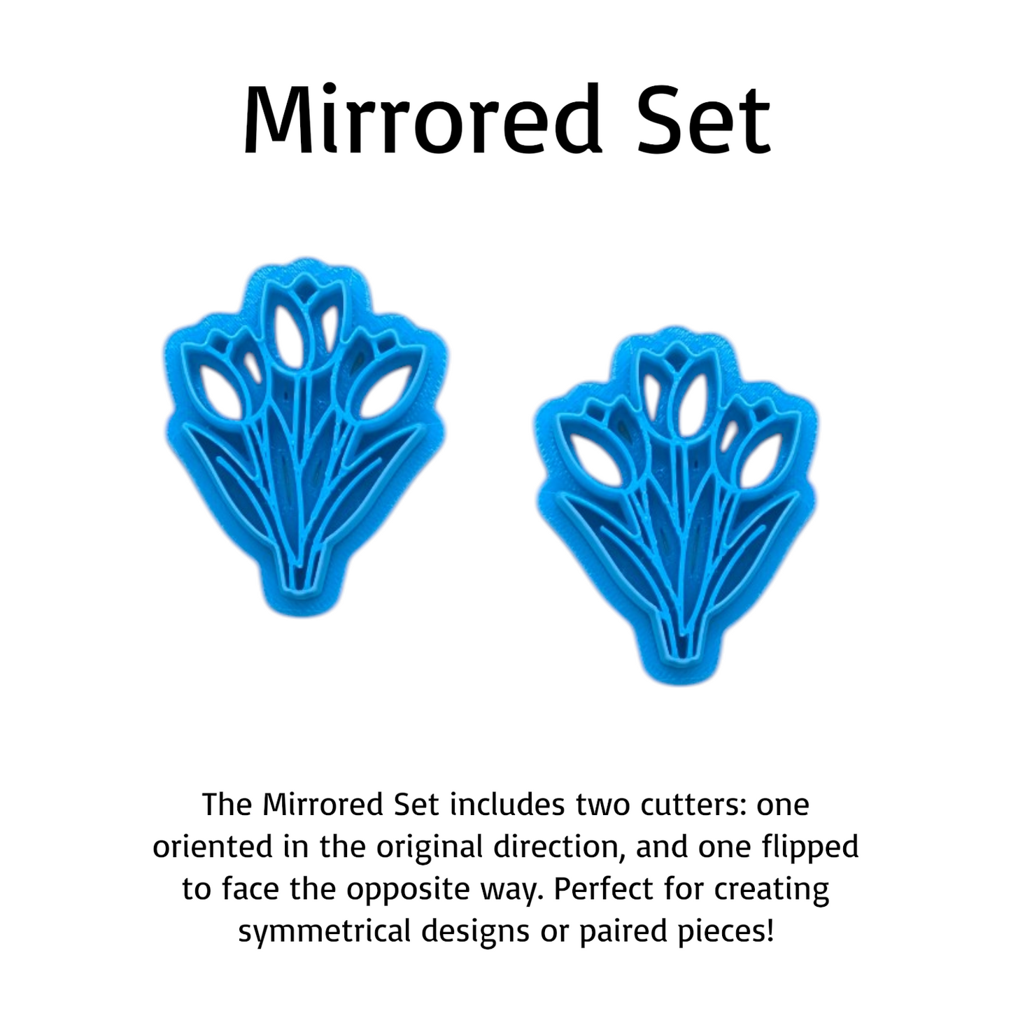 Two blue floral-shaped cookie cutters with text explaining their mirrored design on a white background.