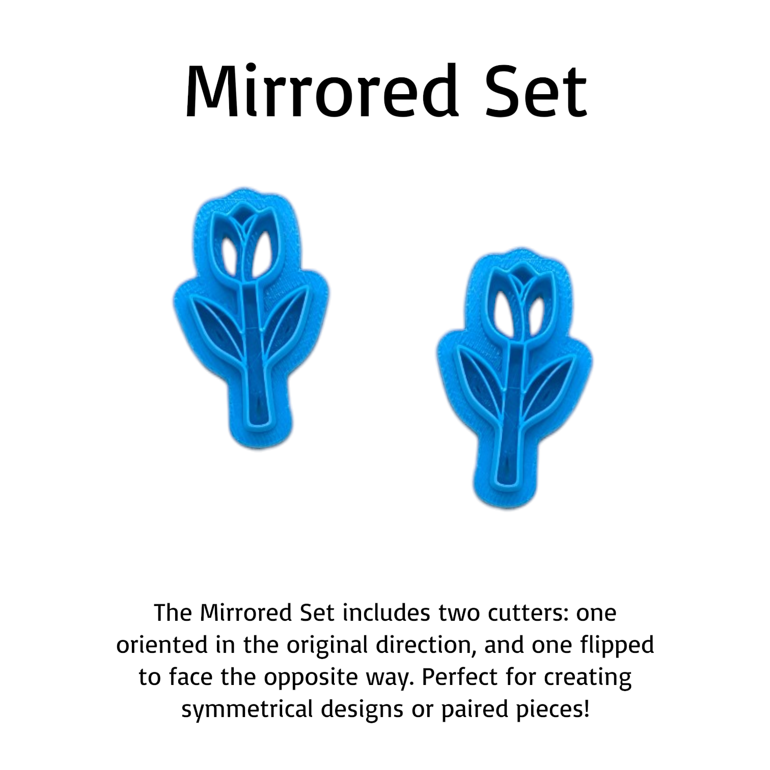 Two blue floral cookie cutters labeled 'Mirrored Set' on a white background.