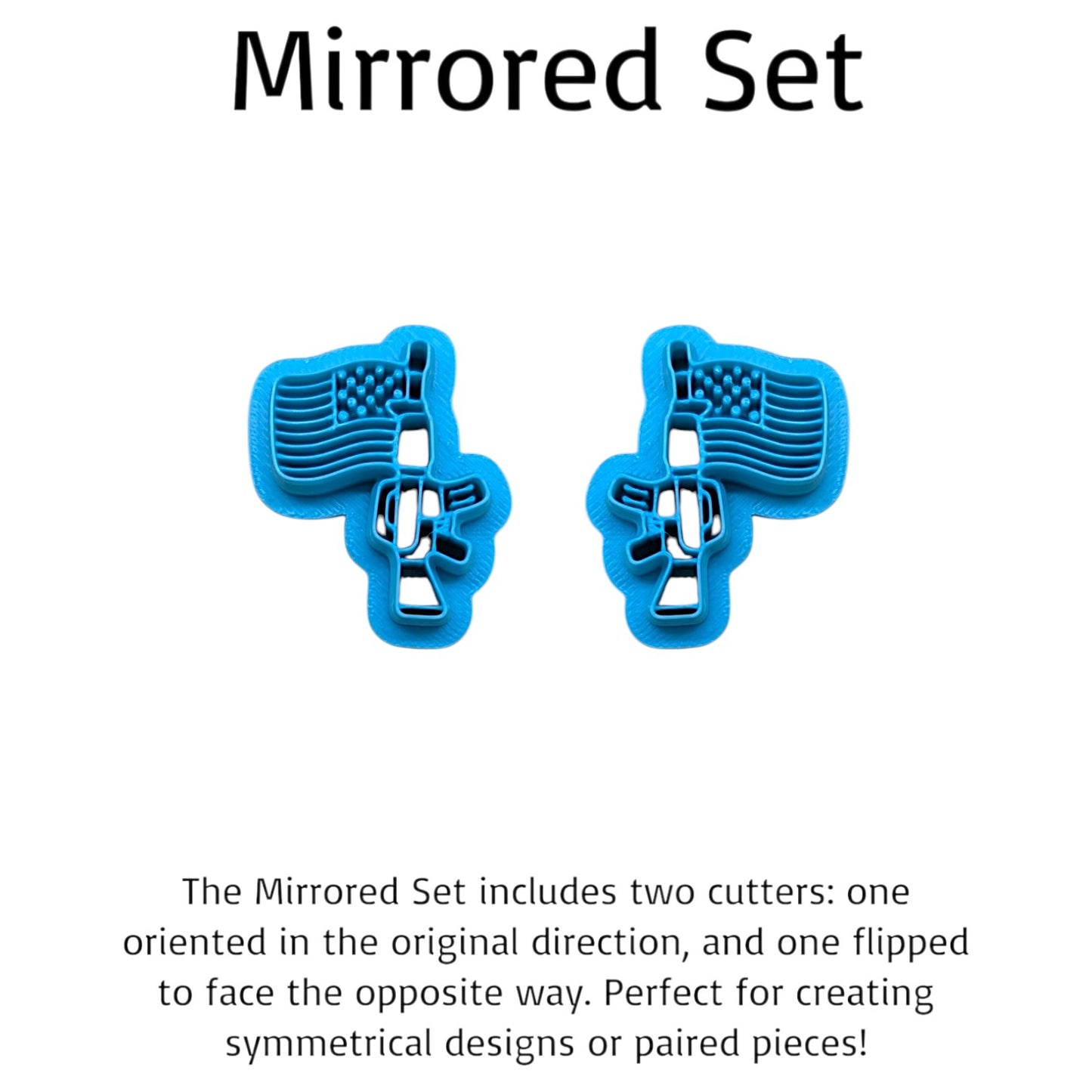 Two blue cookie cutters shaped like a USA flag flying from a rifle on a white background with text describing the mirrored set.