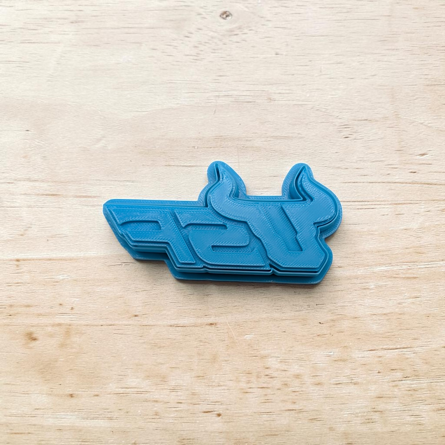 Blue 3D-printed object with 'USF Bulls' logo on a wooden surface