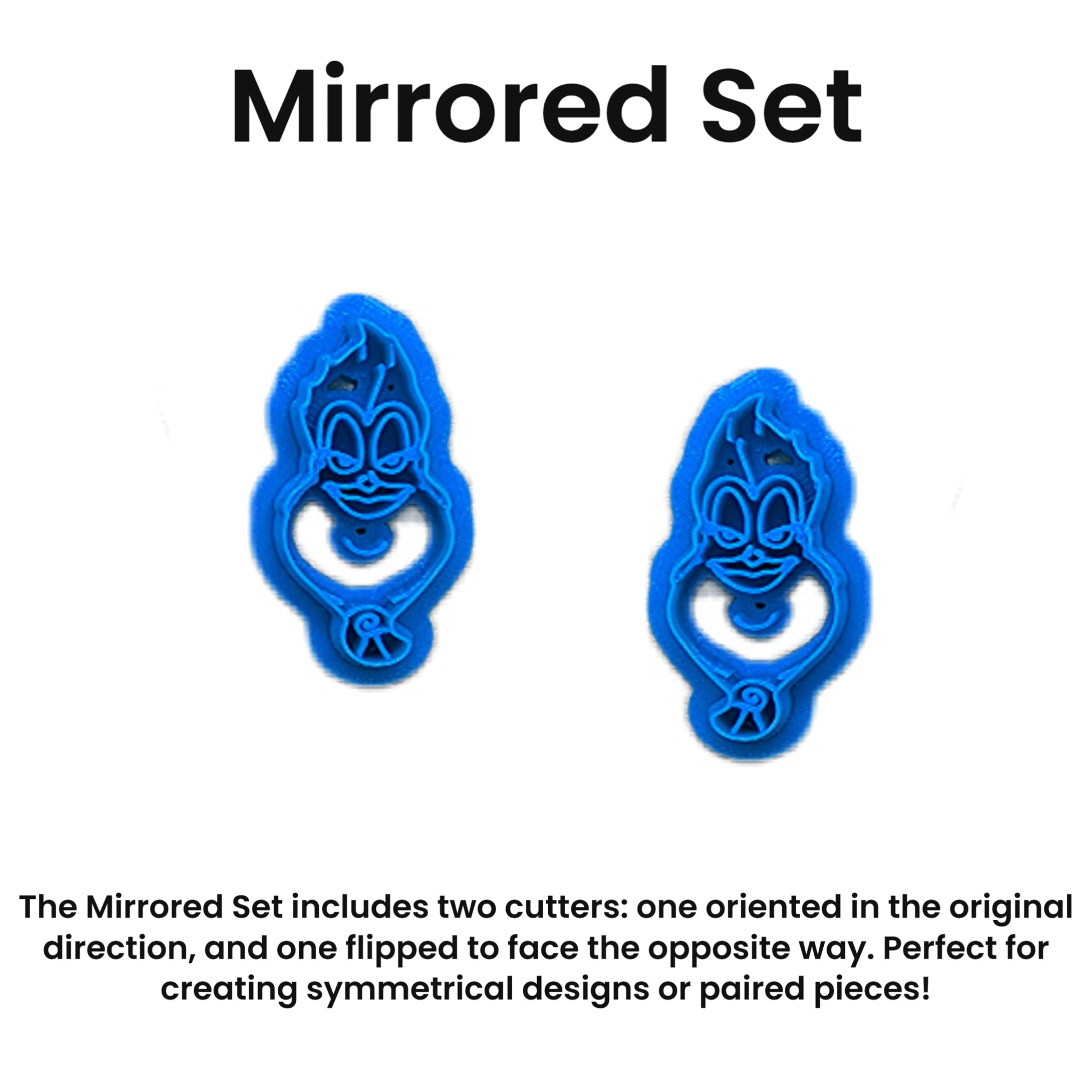 Two blue cookie cutters with a mirrored design on a white background