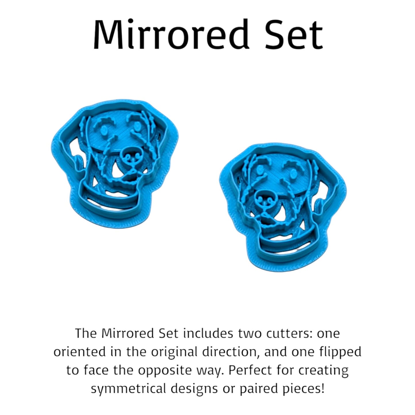 Two blue cookie cutters shaped like dog faces with text explaining their mirrored design.