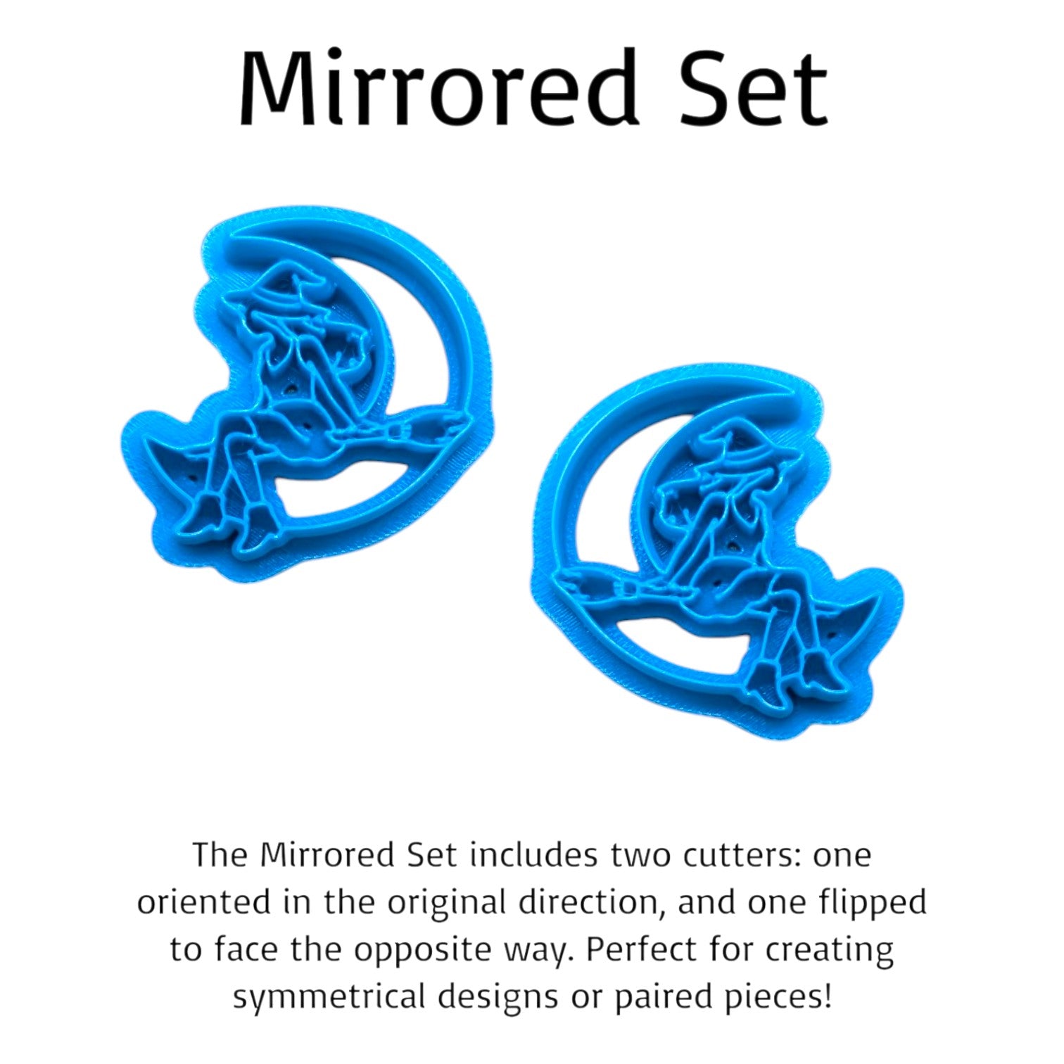 Two blue cookie cutters shaped like a mirrored set on a white background.