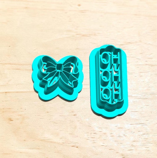 Turquoise 3D printed Christmas bow and HO HO HO plaque cookie cutter set for holiday cookies, polymer clay earrings, fondant, pottery and ceramic crafts