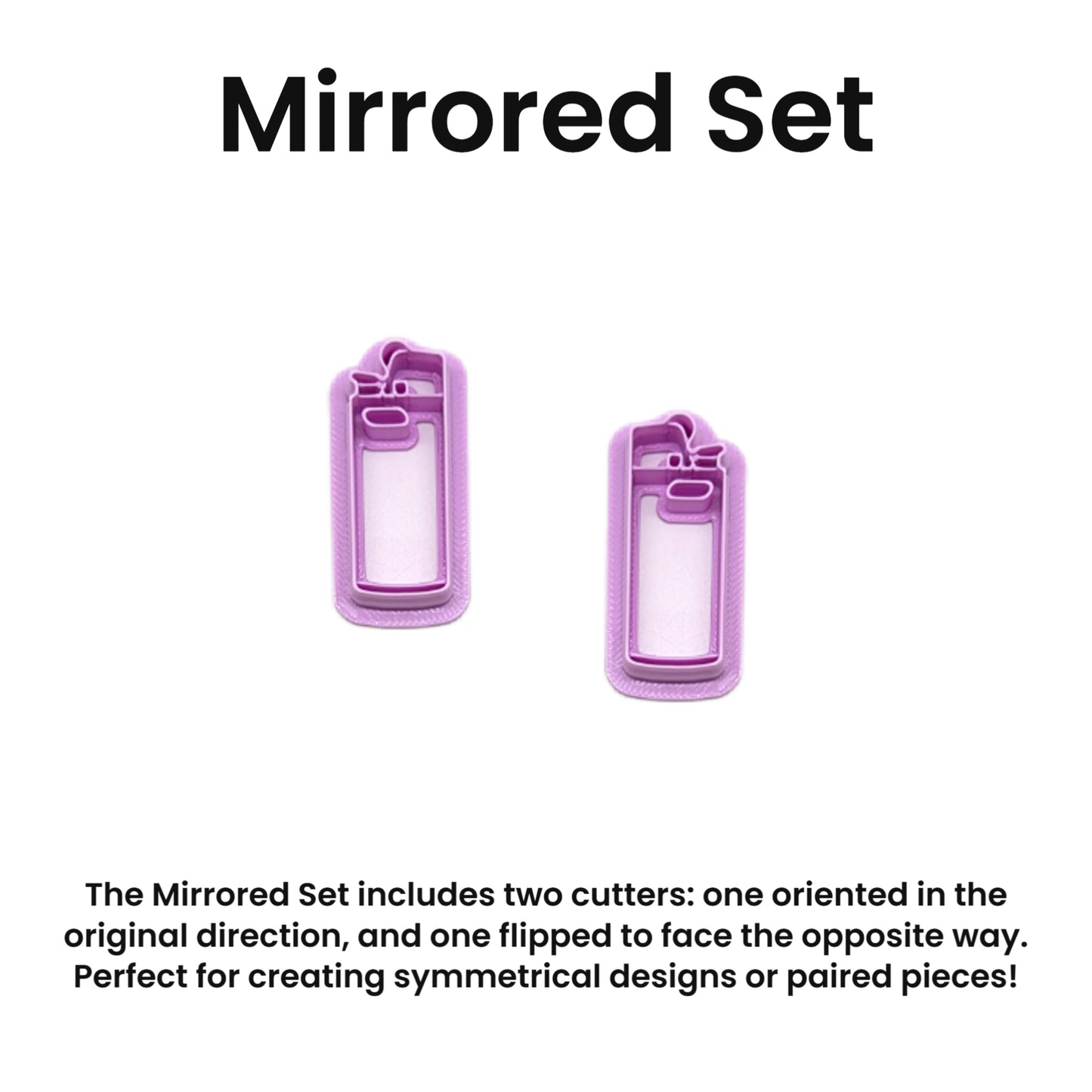 Two purple cigarette lighter shaped cutters with a mirrored design on a white background
