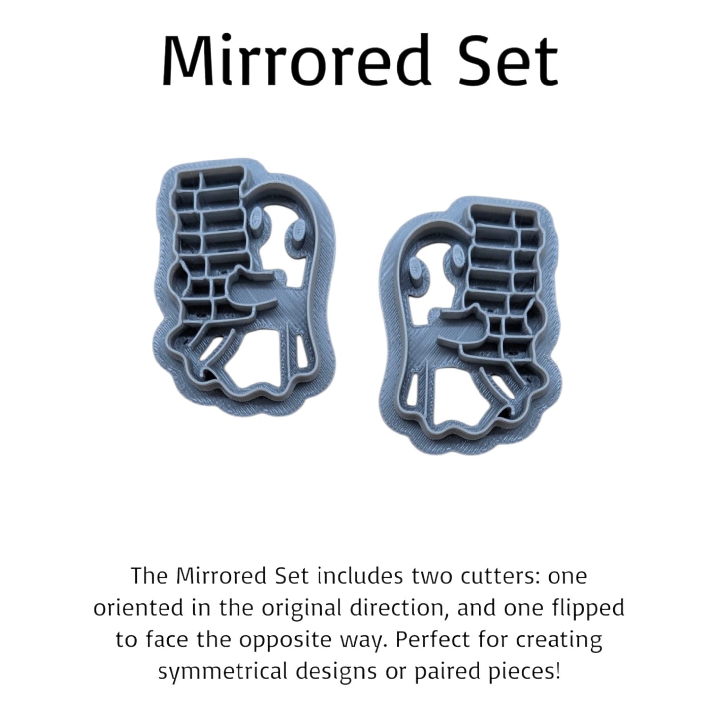 Mirrored ghost book stack cookie cutter set – two 3D printed cutters for symmetrical clay or fondant designs.