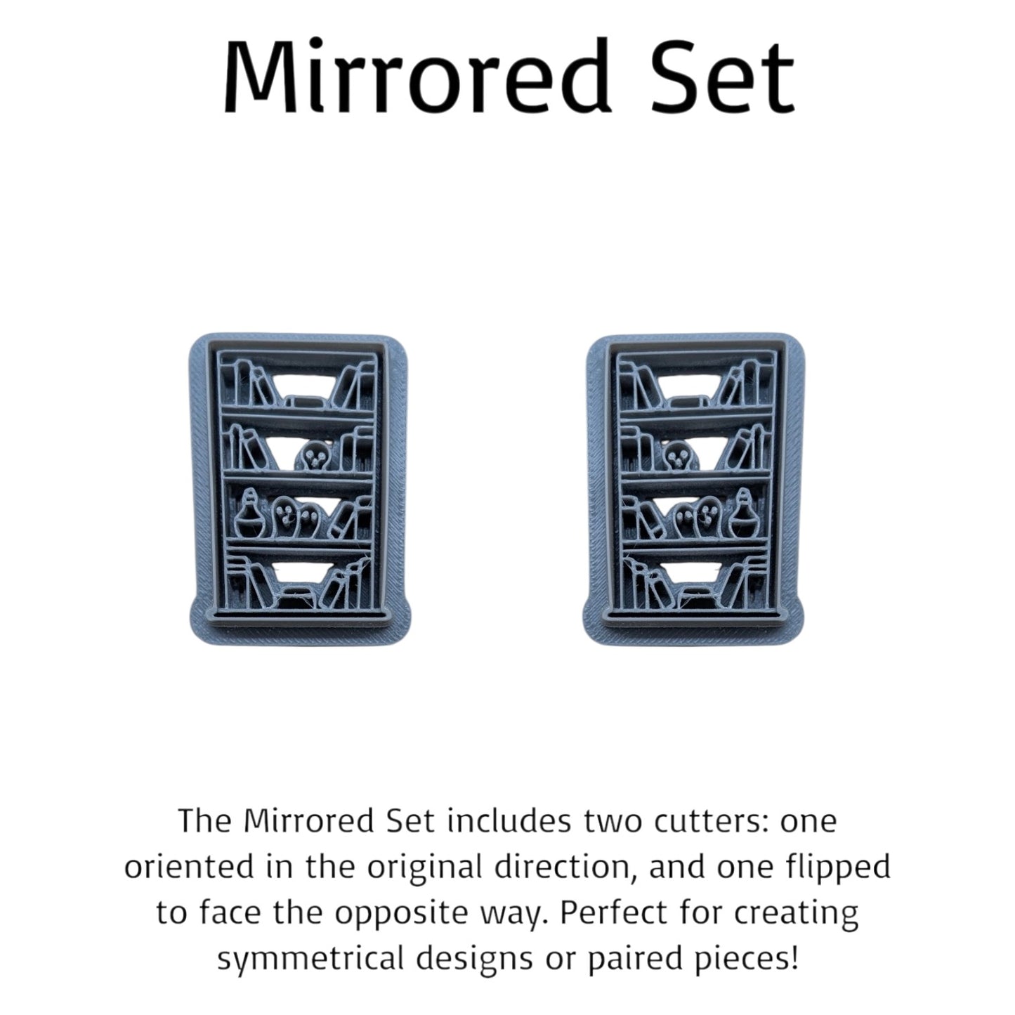 Mirrored haunted bookshelf cutter set – two 3D printed cutters facing opposite directions for symmetrical clay or cookie designs.