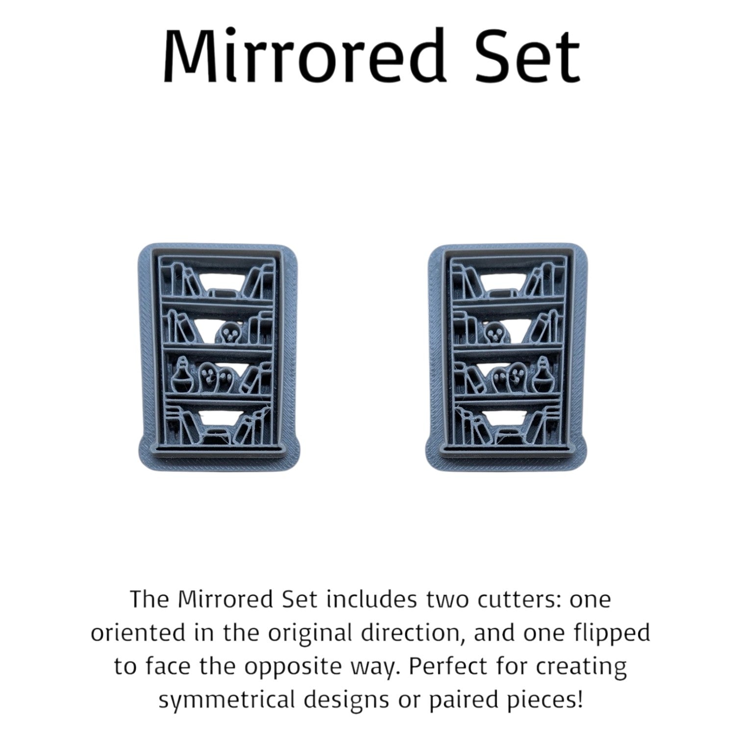 Mirrored haunted bookshelf cutter set – two 3D printed cutters facing opposite directions for symmetrical clay or cookie designs.